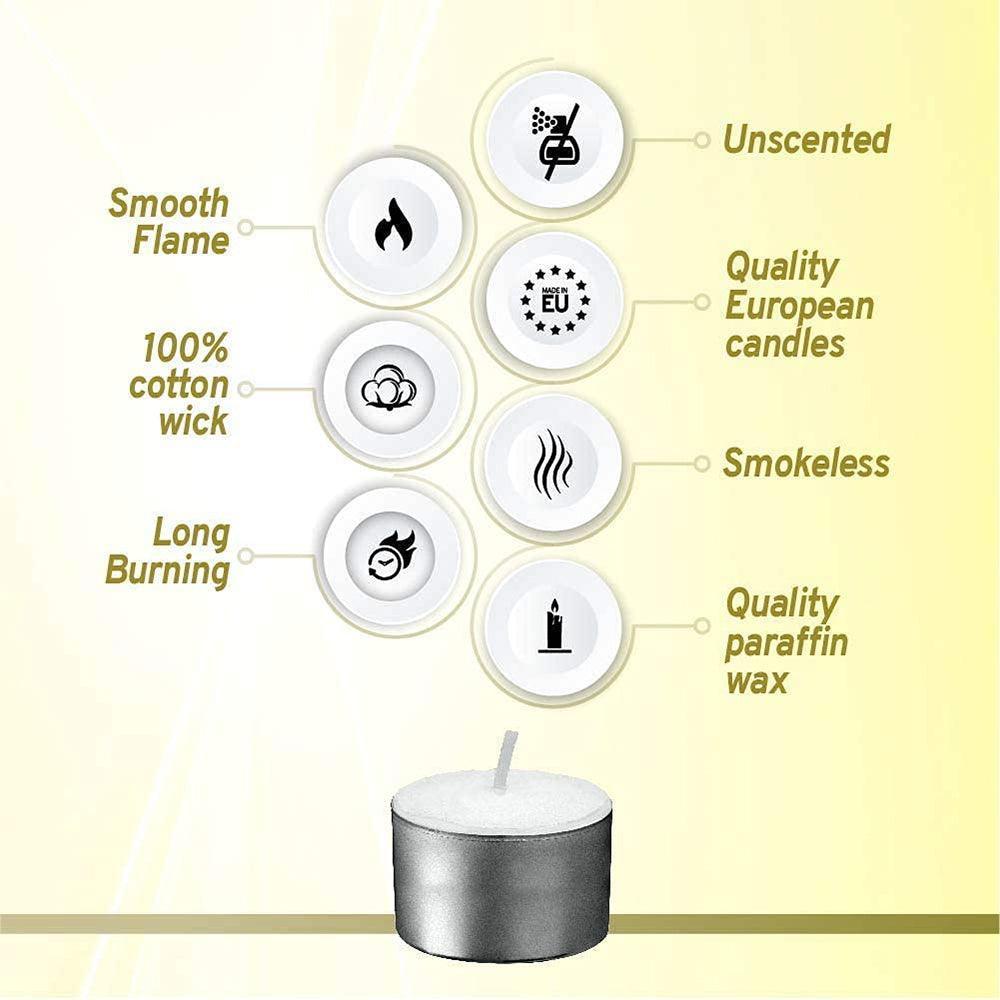 100% Pure Wax Long Burning Tealight Decor Candles, 9 Hours Burn Time (White) - Walgrow.com