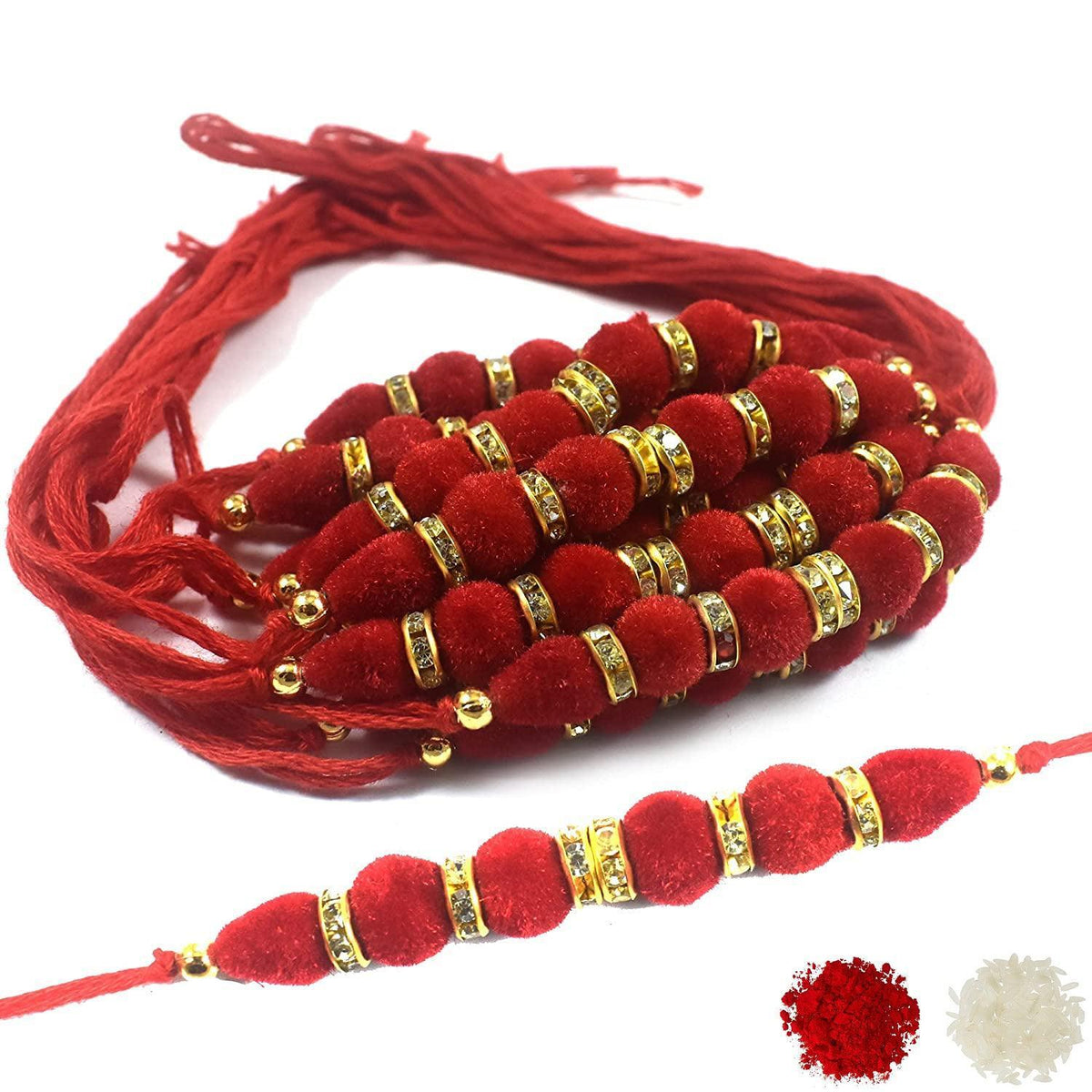 Assorted Design Fancy Velvet Beads Rakhi With Roli & Chawal (Set Of 12, Red) - Walgrow.com