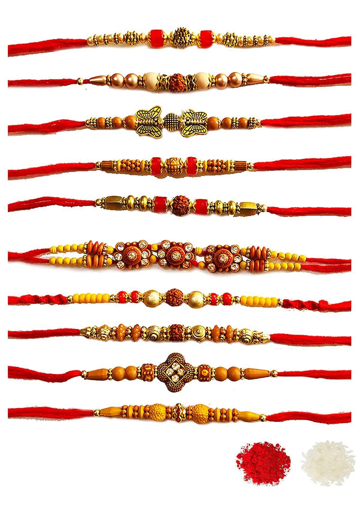 Assorted Design Gold Plated Rakhi With Roli & Chawal For Beloved Brother (Set Of 10, Multi) - Walgrow.com