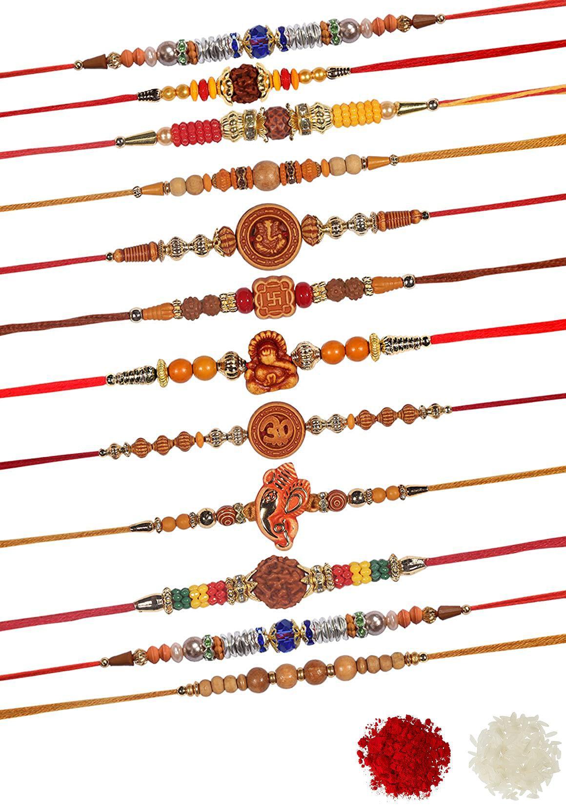 Assorted Design Metal & Wooden Rakhi With Roli & Chawal (Set Of 12, Multi) - Walgrow.com