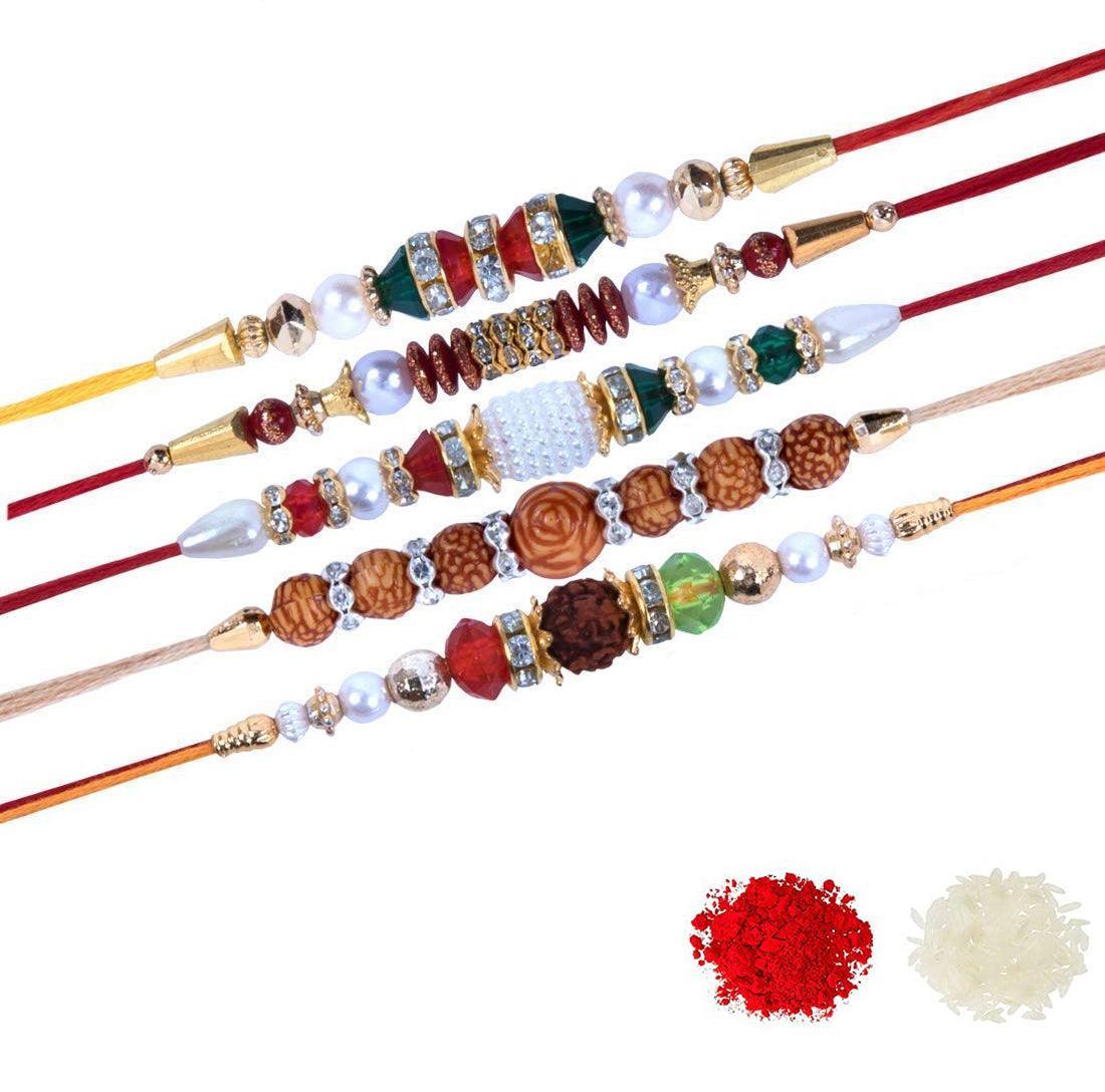 Assorted Design Rudraksha Handmade Traditional Rakhi With Roli & Chawal (Set Of 5, Multi) - Walgrow.com