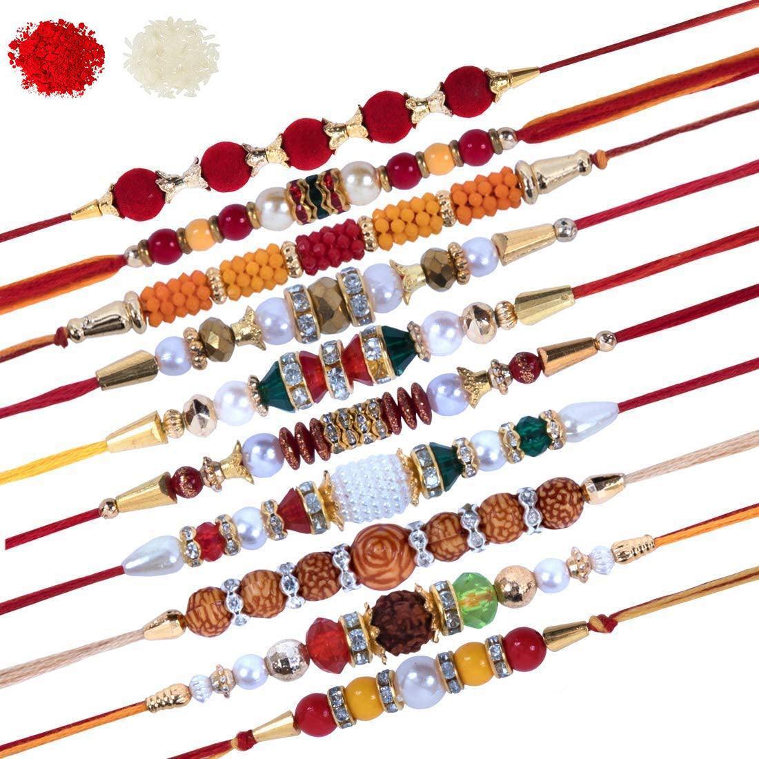 Assorted Design Rudraksha Rakhi With Roli & Chawal For Beloved Brother (Set Of 10, Multi) - Walgrow.com