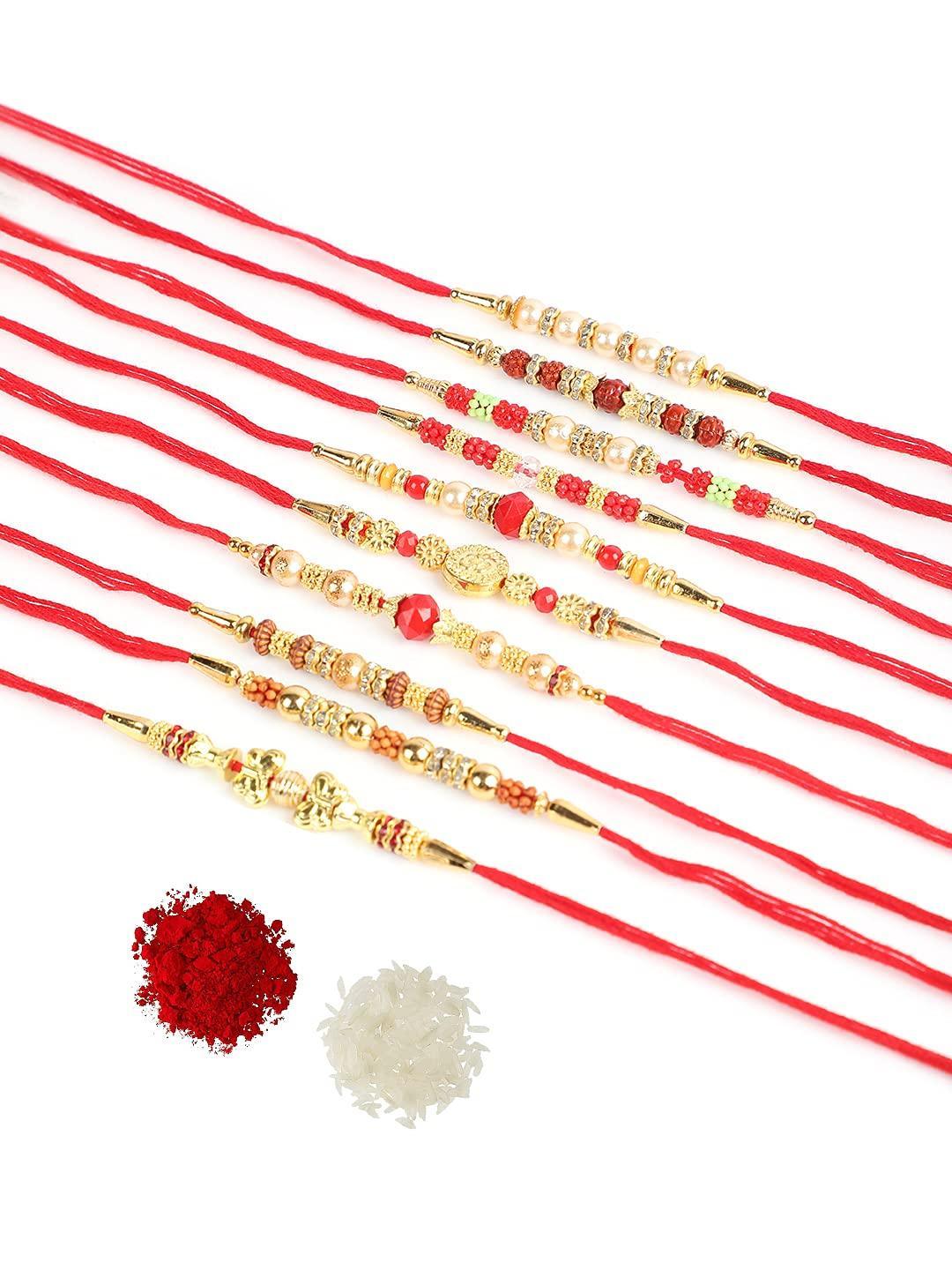 Assorted Design Stone Thread Rakhi With Roli & Chawal For Beloved Brother (Set Of 10, Multi) - Walgrow.com