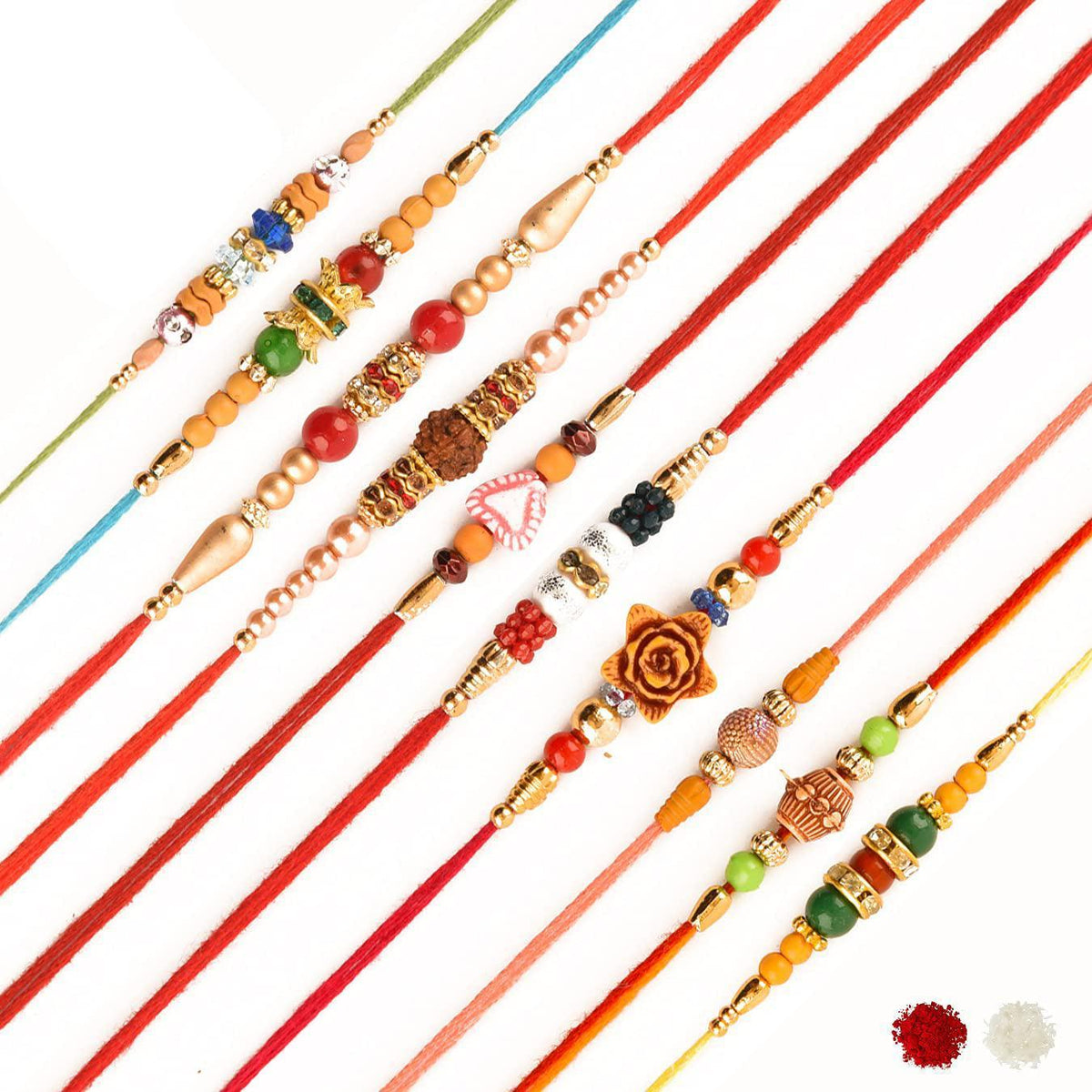 Assorted Designer String Dori Rakhi With Roli & Chawal For Beloved Brother (Set Of 10, Multi) - Walgrow.com