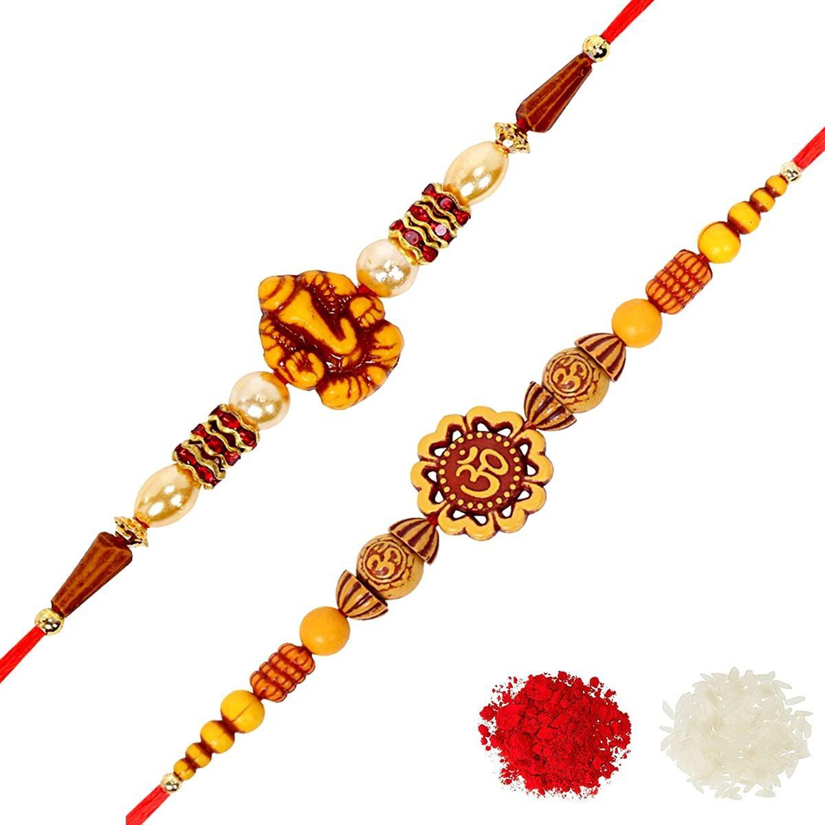 Assorted Raksha Bandhan Attractive Om Shape Rakhi With Roli & Chawal (Set Of 2, Multi) - Walgrow.com