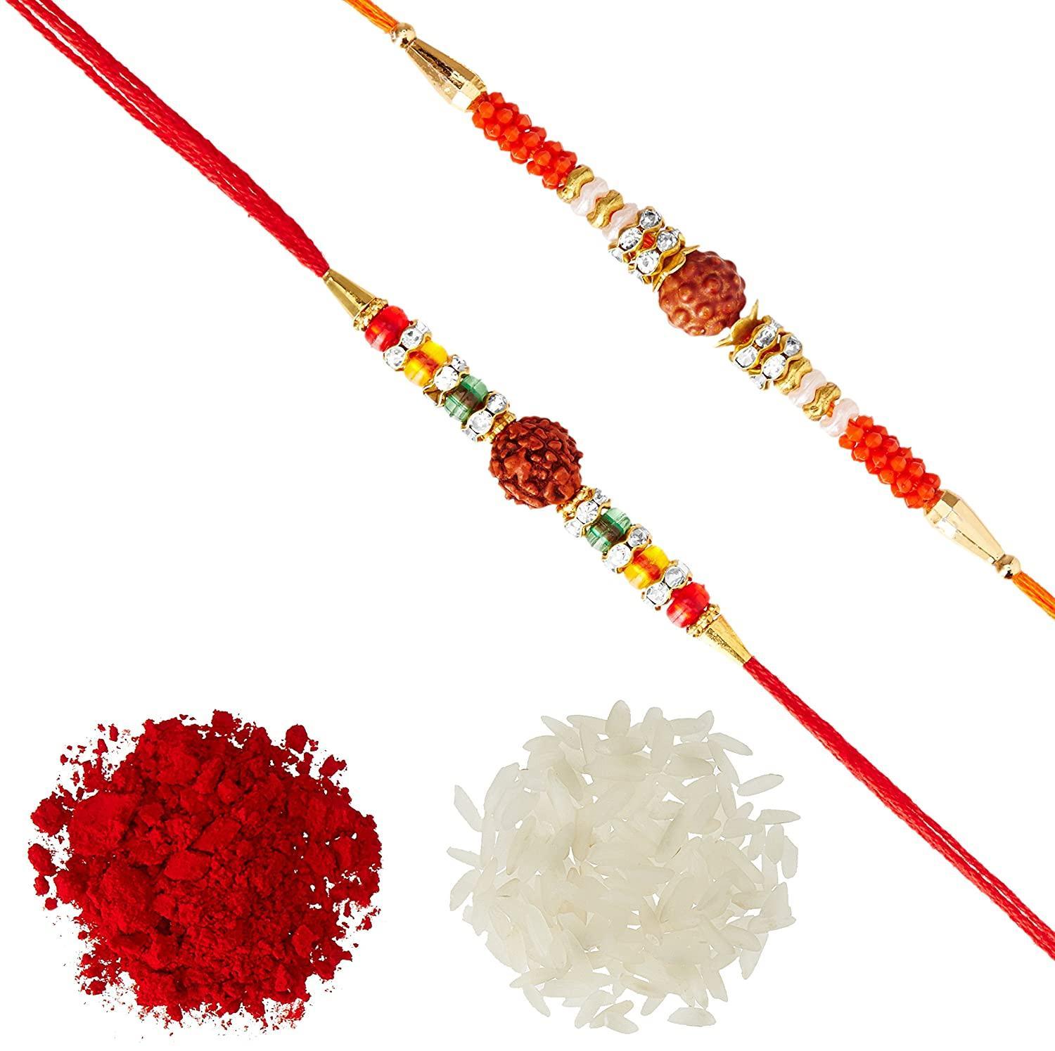 Assorted Raksha Bandhan Attractive Round Stone Rakhi With Roli & Chawal (Set Of 2, Multi) - Walgrow.com