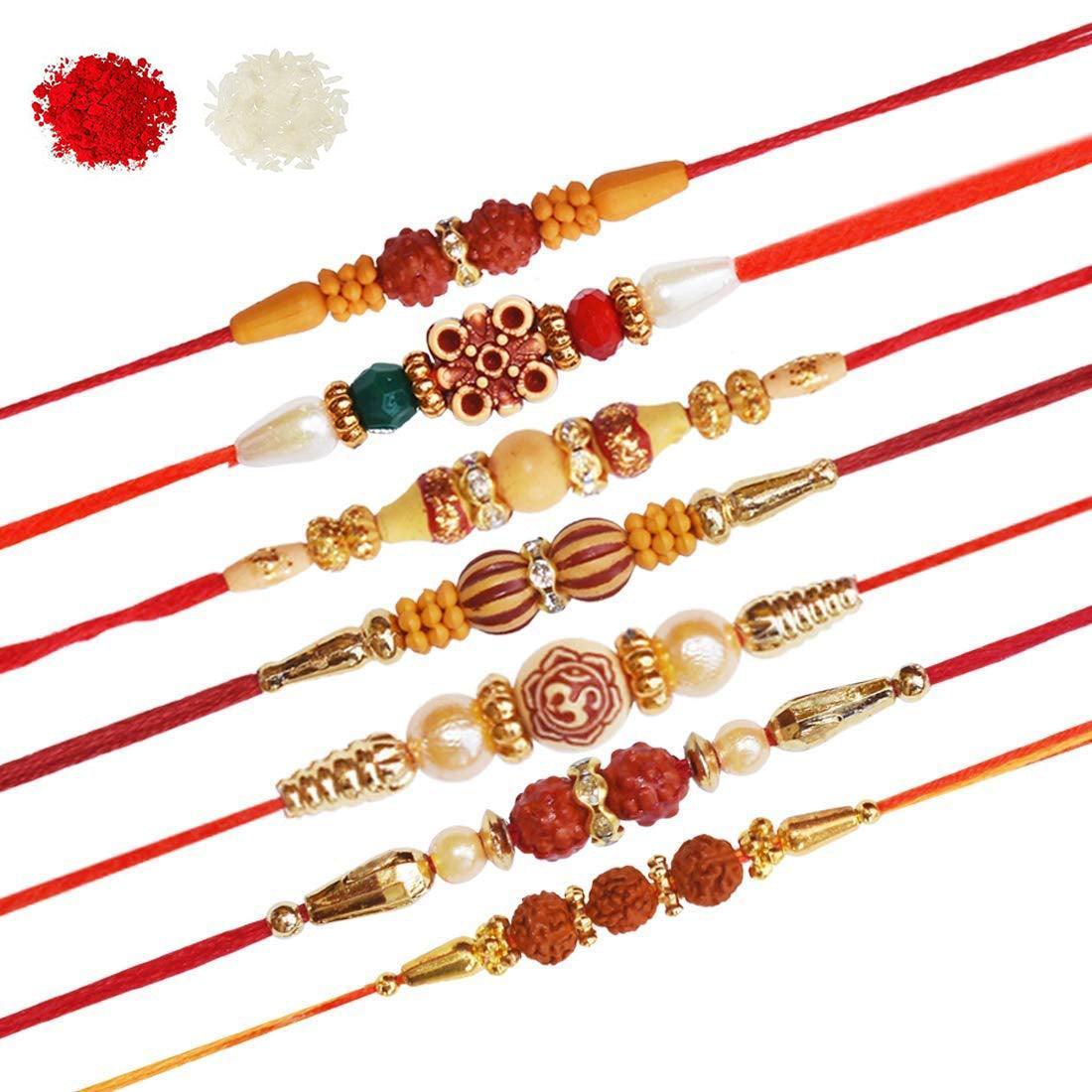 Assorted Stylish Fancy Thread Rakhi With Roli & Chawal (Set Of 7, Multi) - Walgrow.com