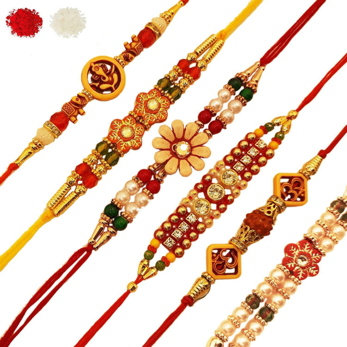 Assorted Wonderful Gold Plated Rudraksha Rakhi Raksha Bandhan With Roli & Chawal (Set Of 6, Multi) - Walgrow.com