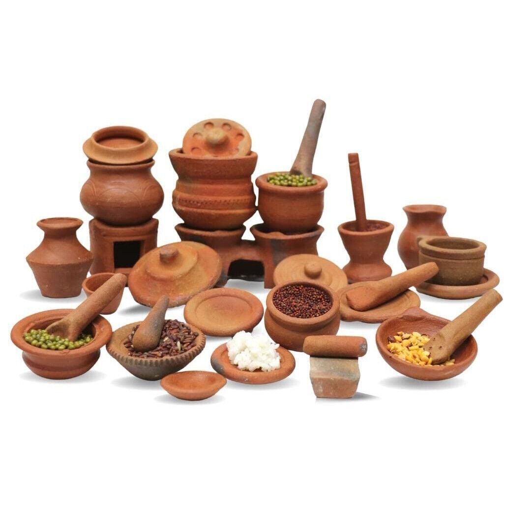 Earthen Fine Quality Clay/Terracotta Miniature Kitchen Set For Kids (Set of 30 Pieces, Brown) - Walgrow.com