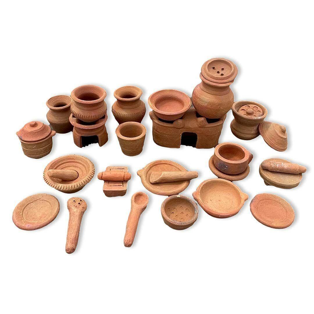 Earthen Fine Quality Clay/Terracotta Miniature Kitchen Set For Kids (Set of 30 Pieces, Brown) - Walgrow.com