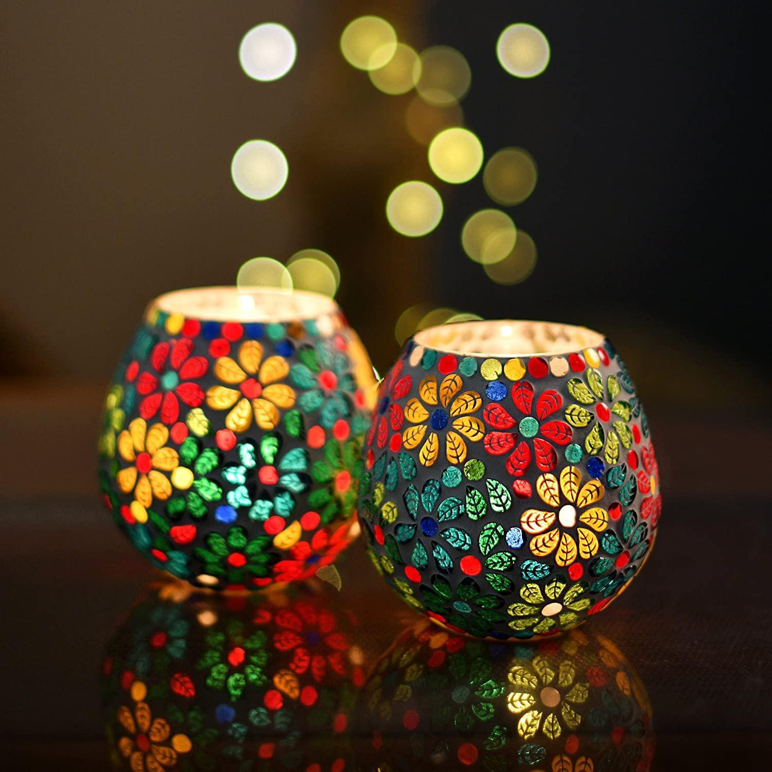 Handcrafted Mosaic Turkish Moroccan Glass Tealight Candle Holder (11 Cm x 12 Cm x 12 Cm, Pack Of 2) - Walgrow.com