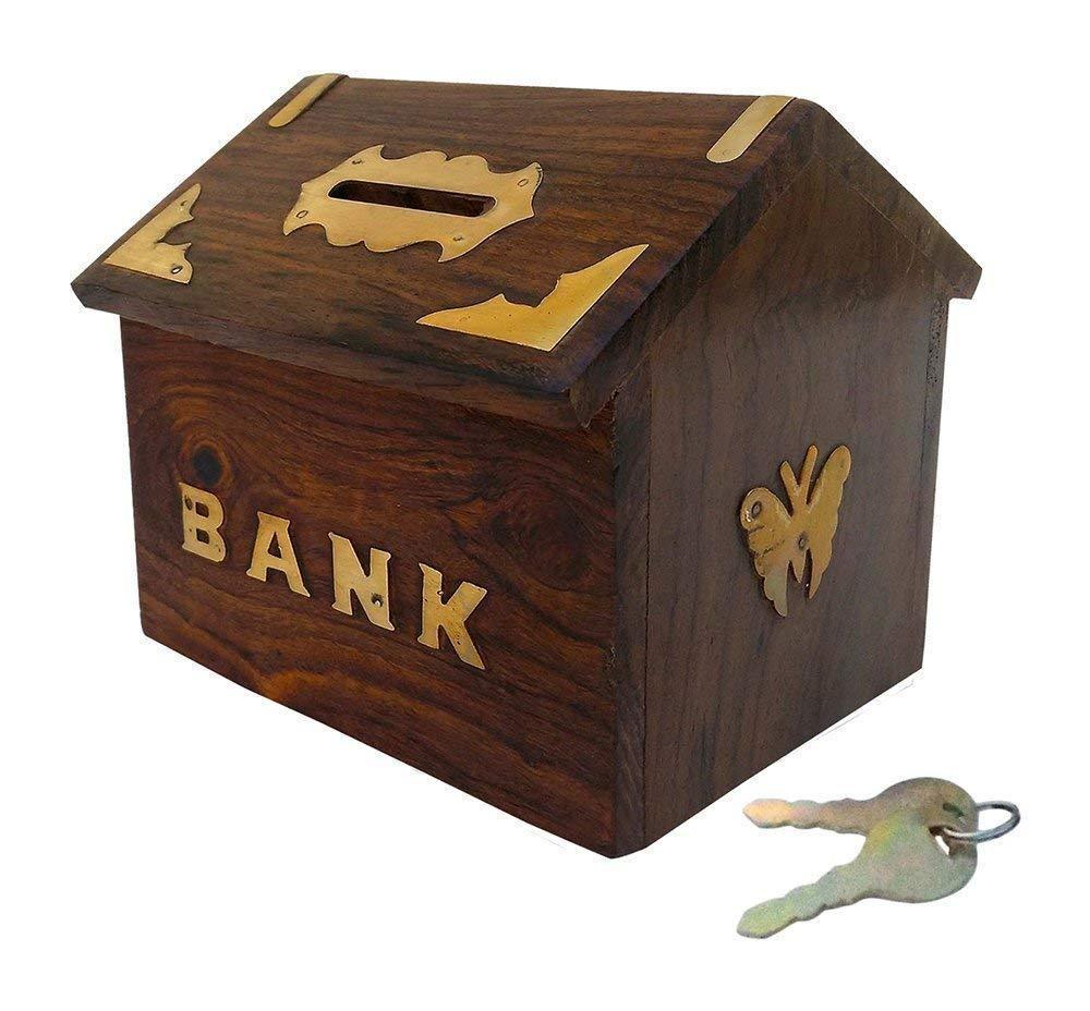 Handicrafted Wooden Piggy Bank, Money Saving Storage House Box Great For Gifts (House) - Walgrow.com