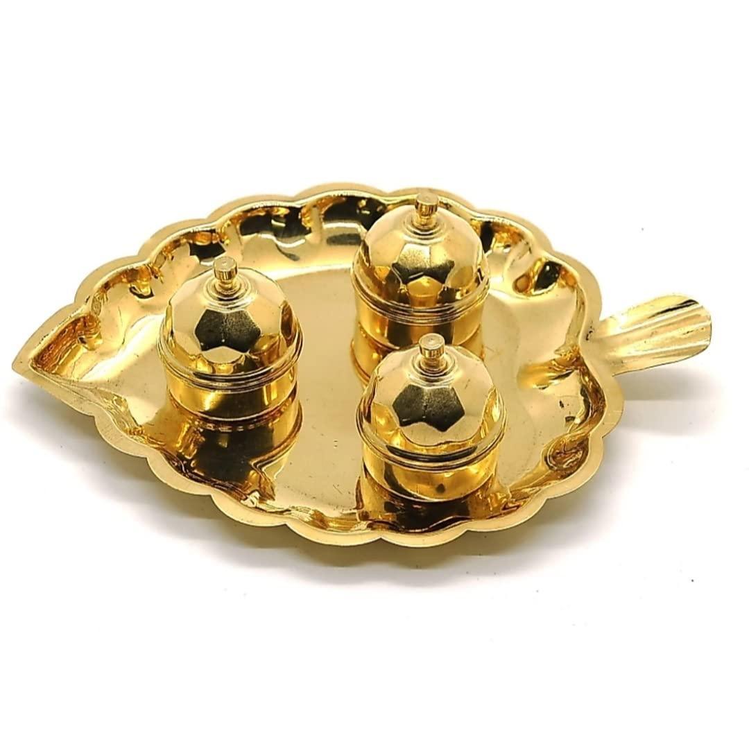 Indian Brass Leaf Shaped Gold Plated Haldi/Kumkum/Chandan/Roli Box For Pooja - Walgrow.com