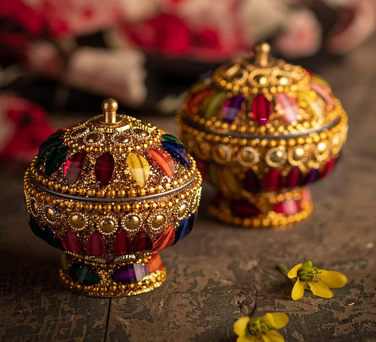 Indian Gemstones Jeweled Trinket Indian Sindoor Storage Box (Pack Of 2, Multicolor) - Walgrow.com