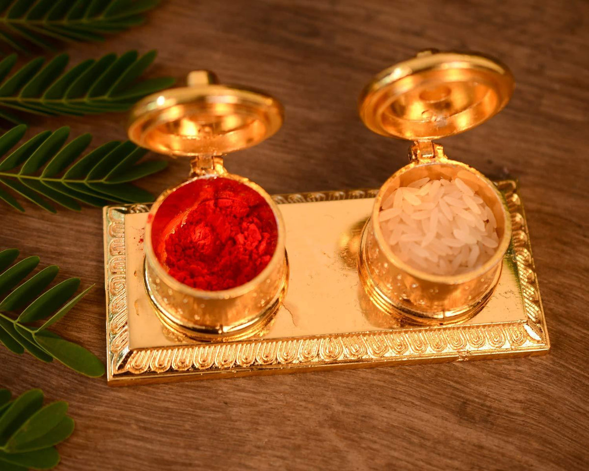 Indian Religion Handcrafted Roli Haldi Kumkum/ Chawal Box For Pooja Purpose (Golden) - Walgrow.com