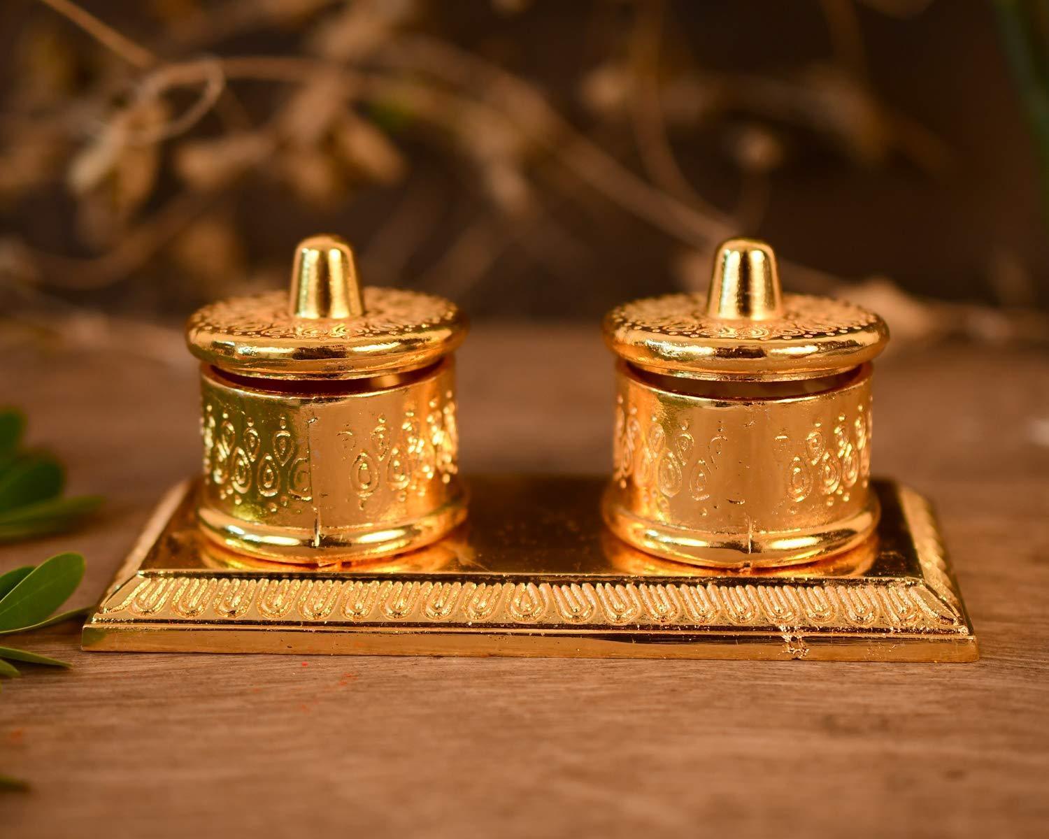 Indian Religion Handcrafted Roli Haldi Kumkum/ Chawal Box For Pooja Purpose (Golden) - Walgrow.com