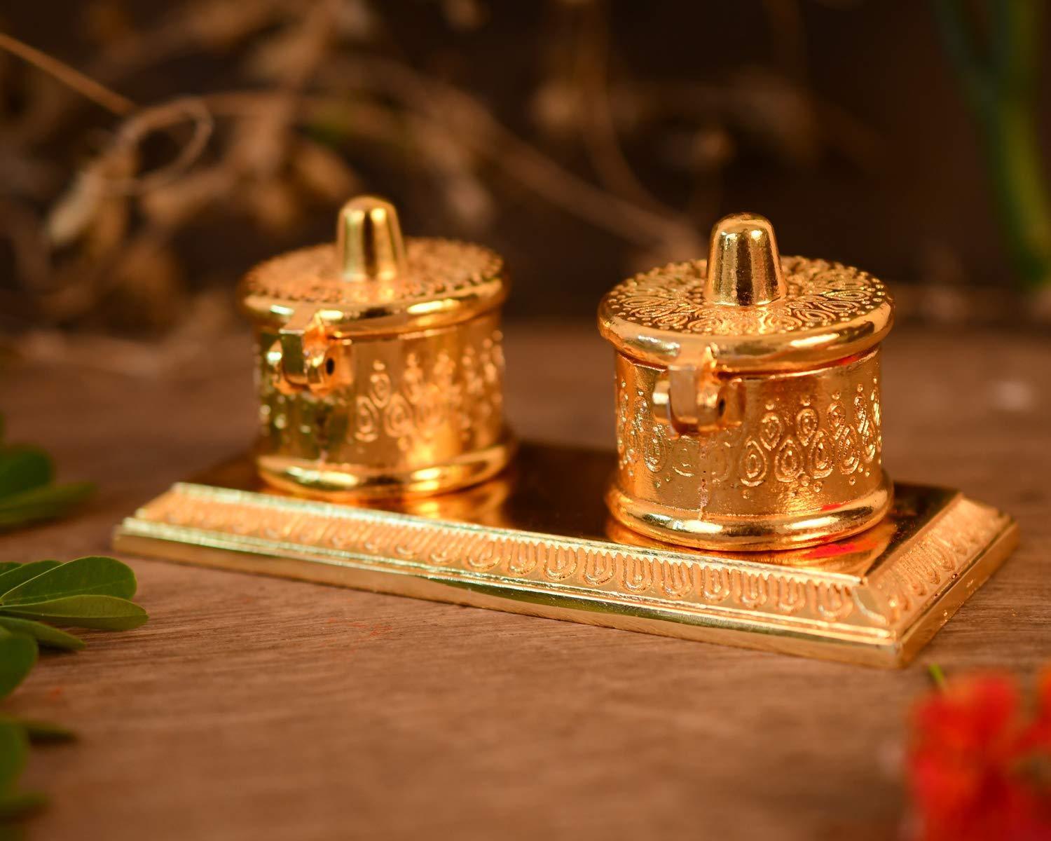 Indian Religion Handcrafted Roli Haldi Kumkum/ Chawal Box For Pooja Purpose (Golden) - Walgrow.com