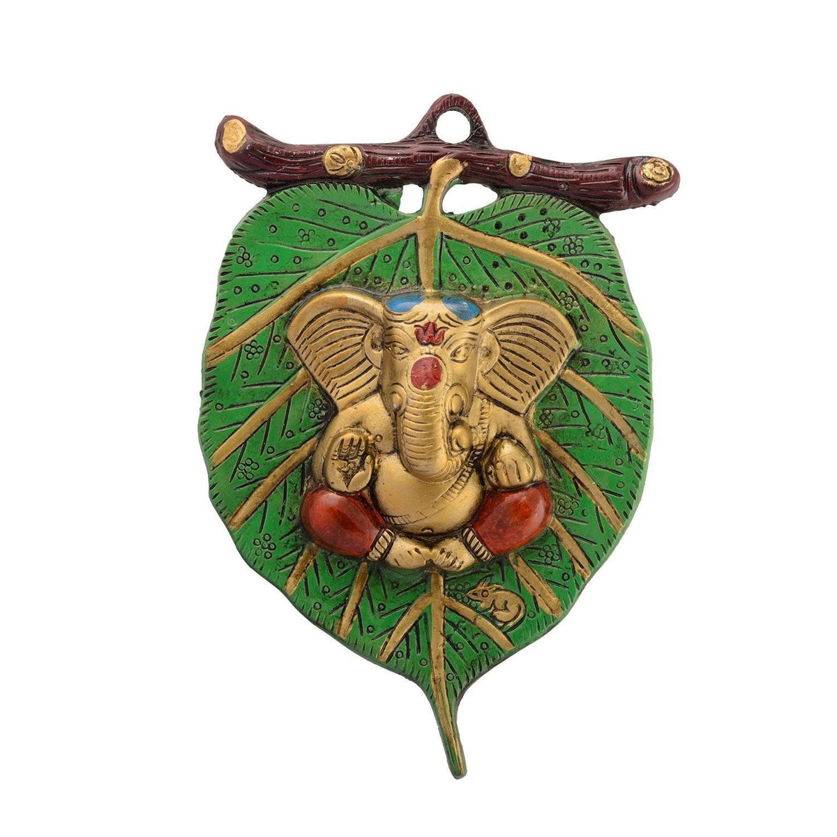 Indian Religious Green Leaf Metal Lord Ganesha For Wall Hanging (Multicolour) - Walgrow.com