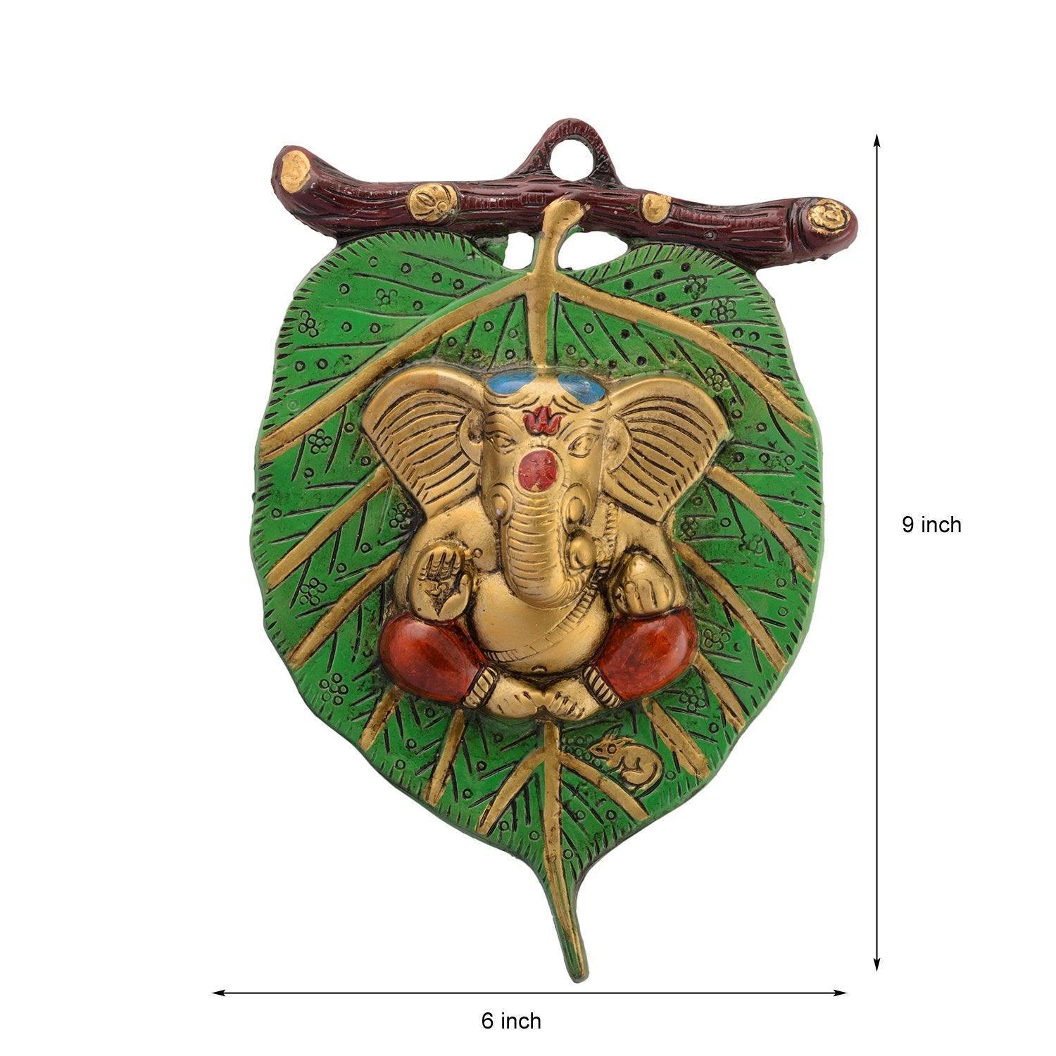 Indian Religious Green Leaf Metal Lord Ganesha For Wall Hanging (Multicolour) - Walgrow.com