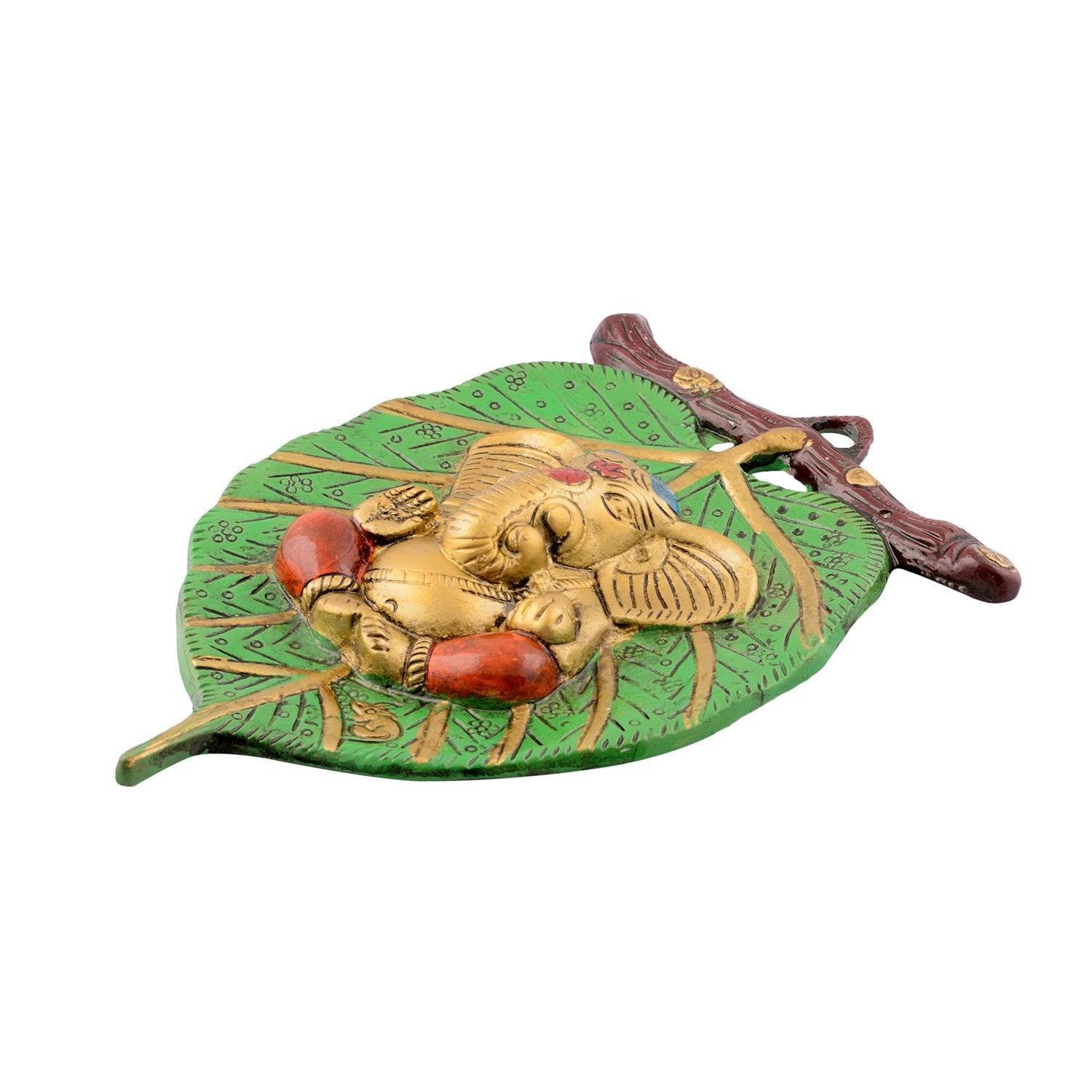 Indian Religious Green Leaf Metal Lord Ganesha For Wall Hanging (Multicolour) - Walgrow.com