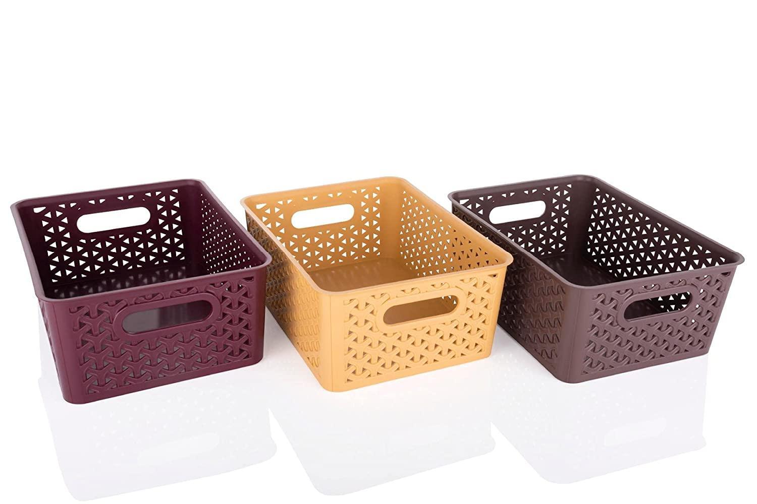 Long Lasting Durable Multipurpose Attractive Plastic Storage Baskets with Lid (Medium, Set Of 3, Multicolor) - Walgrow.com