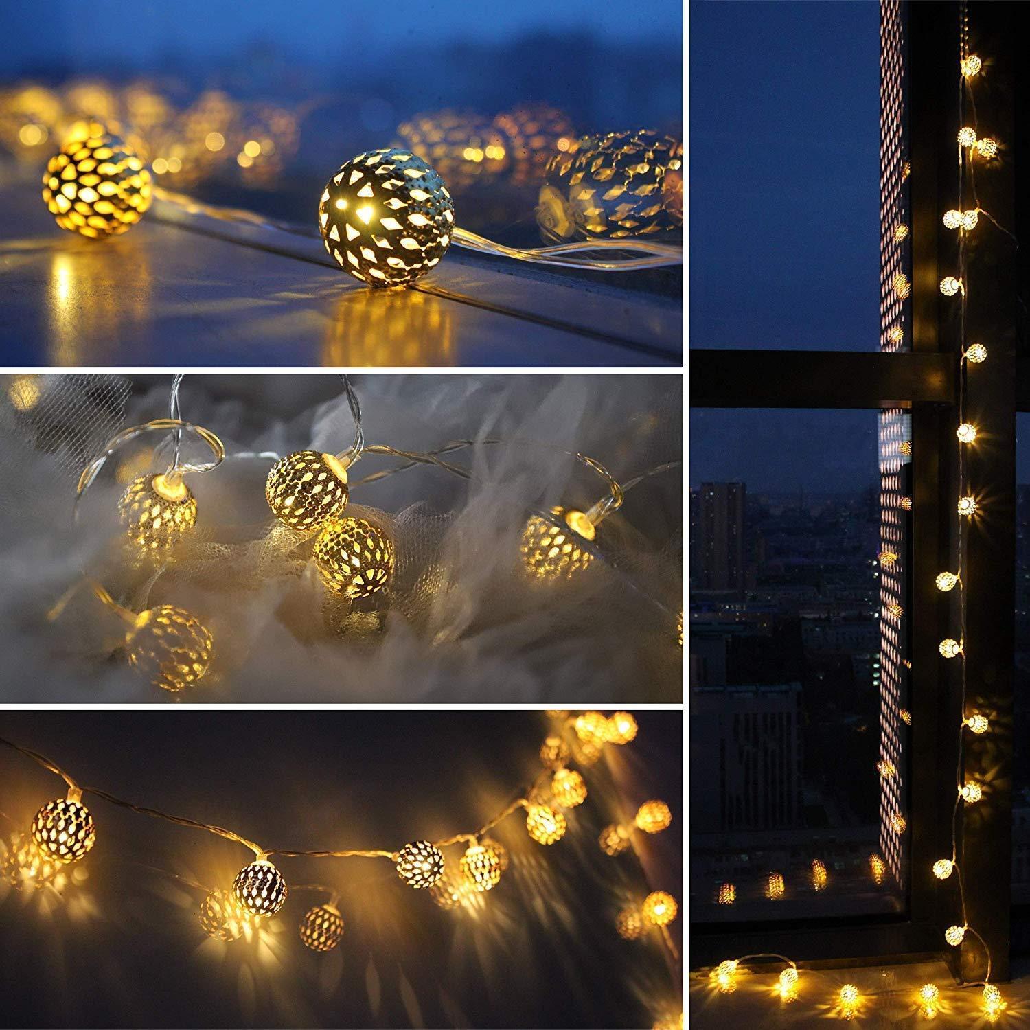 Moroccan 16 LED String Lights Metal Ball For Festival (Warm White, 3 Meter) - Walgrow.com