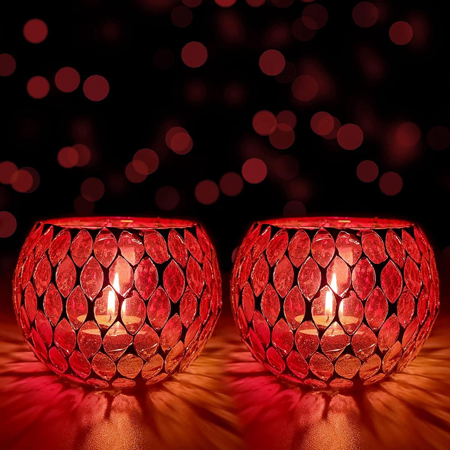 Oval Design Round Glass Moroccan Mosaic Tealight Candle (7 Cm x 10 Cm x 10 Cm ,Pack Of 2) - Walgrow.com