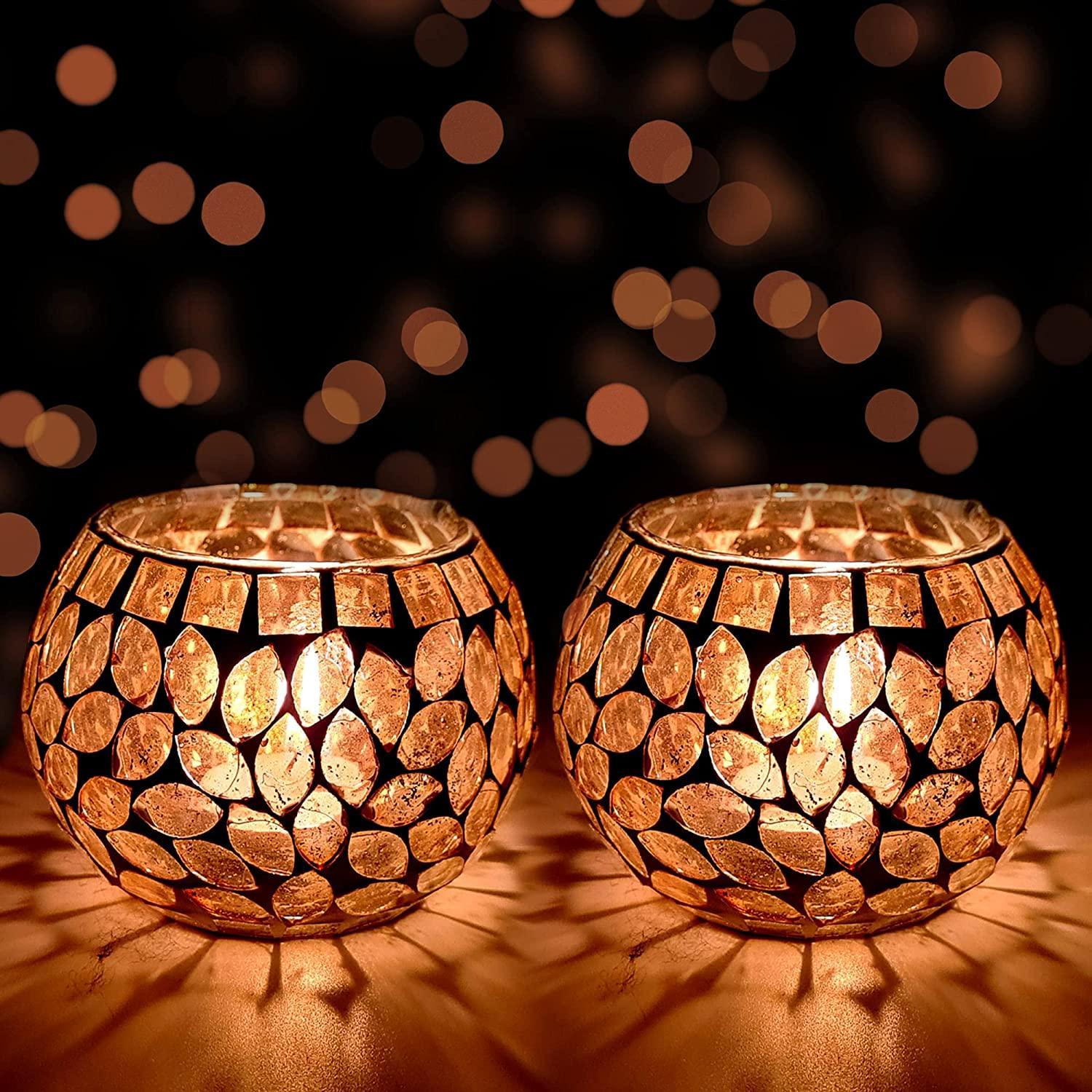 Oval Design Round Glass Moroccan Mosaic Tealight Candle (7 Cm x 10 Cm x 10 Cm ,Pack Of 2) - Walgrow.com