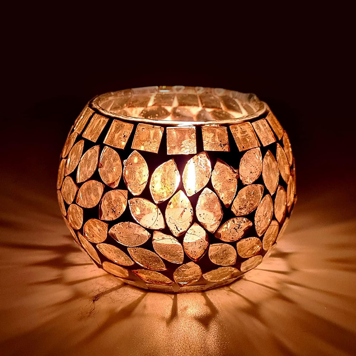 Oval Design Round Glass Moroccan Mosaic Tealight Candle (7 Cm x 10 Cm x 10 Cm ,Pack Of 2) - Walgrow.com