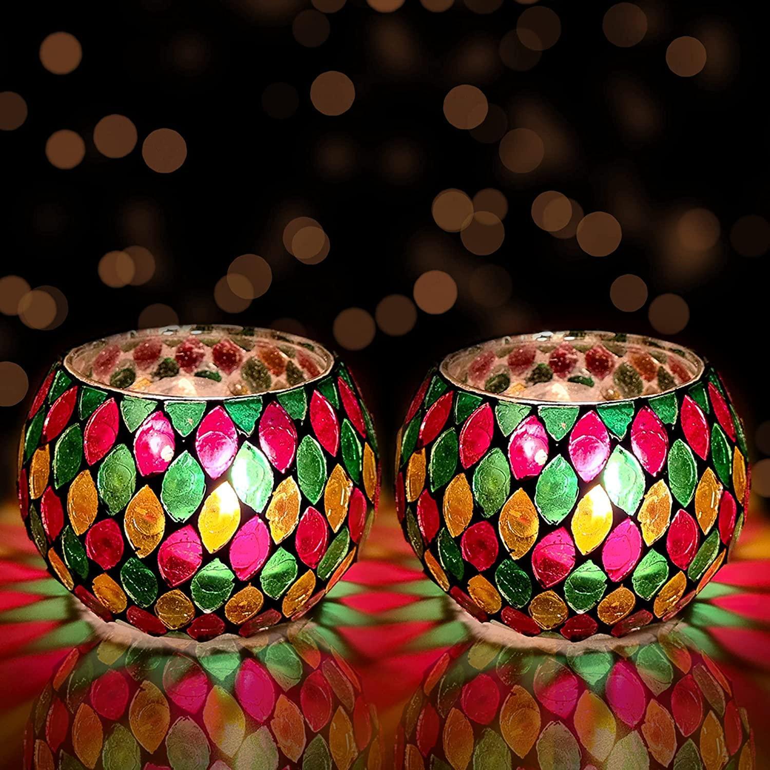 Oval Design Round Glass Moroccan Mosaic Tealight Candle (7 Cm x 10 Cm x 10 Cm ,Pack Of 2) - Walgrow.com