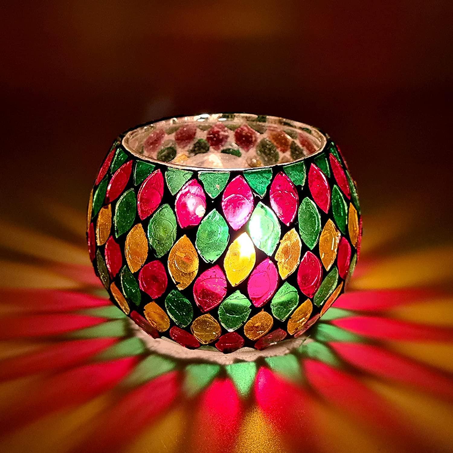 Oval Design Round Glass Moroccan Mosaic Tealight Candle (7 Cm x 10 Cm x 10 Cm ,Pack Of 2) - Walgrow.com