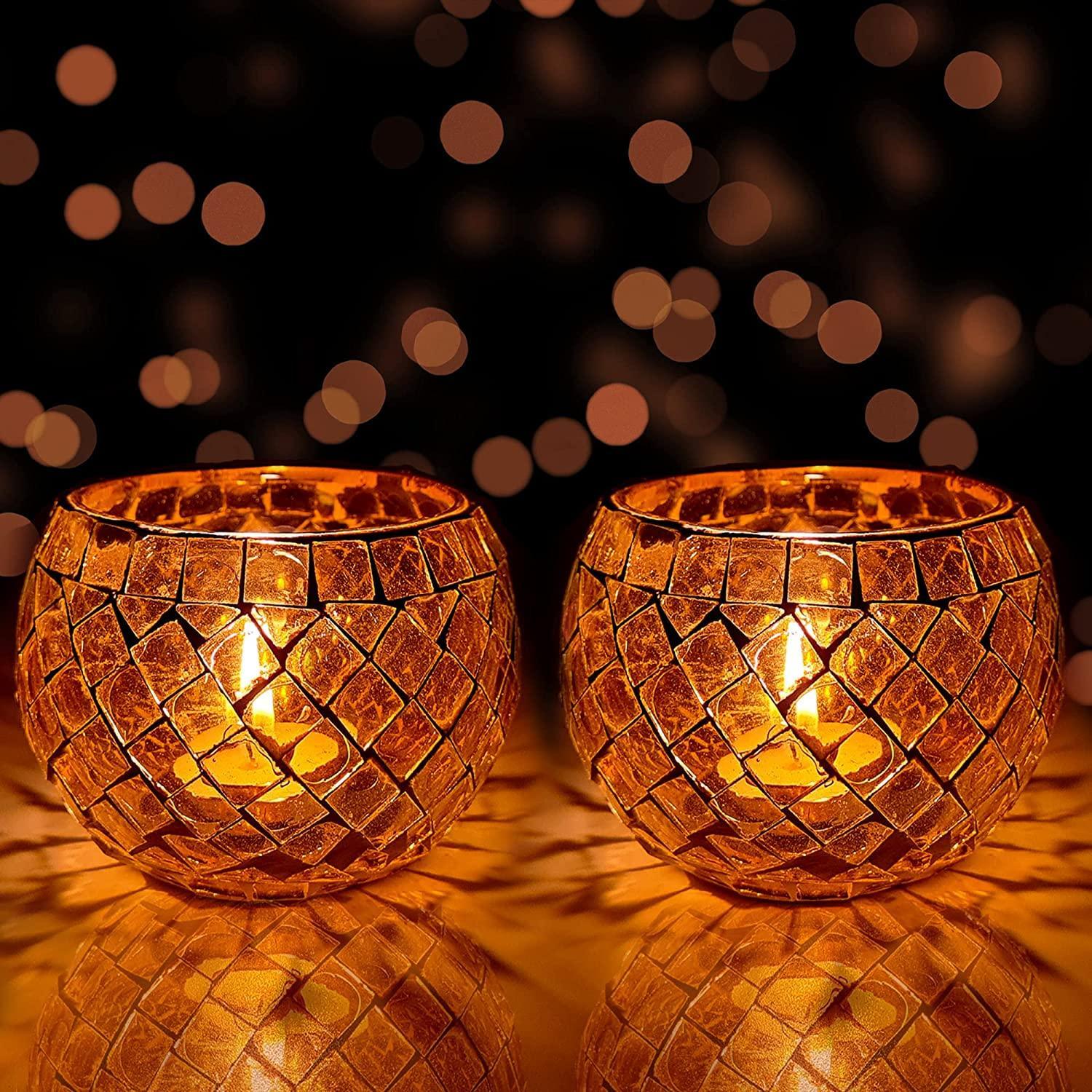 Square Design Round Moroccan Glass Tealight Candle Holder (7 Cm x 10 Cm x 10 Cm, Pack Of 2) - Walgrow.com