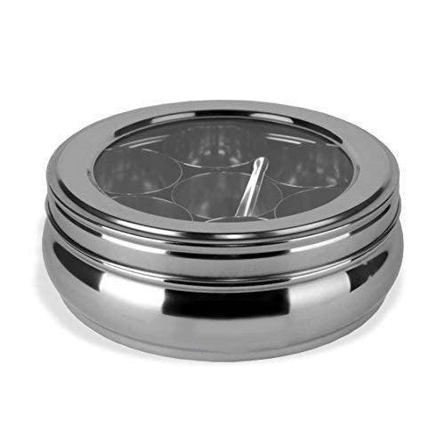 Stainless Steel Belly Shape Spices/Masala Dabba/Box with Lid, 7 Containers and Spoon (1.1 Ltr, Silver) - Walgrow.com