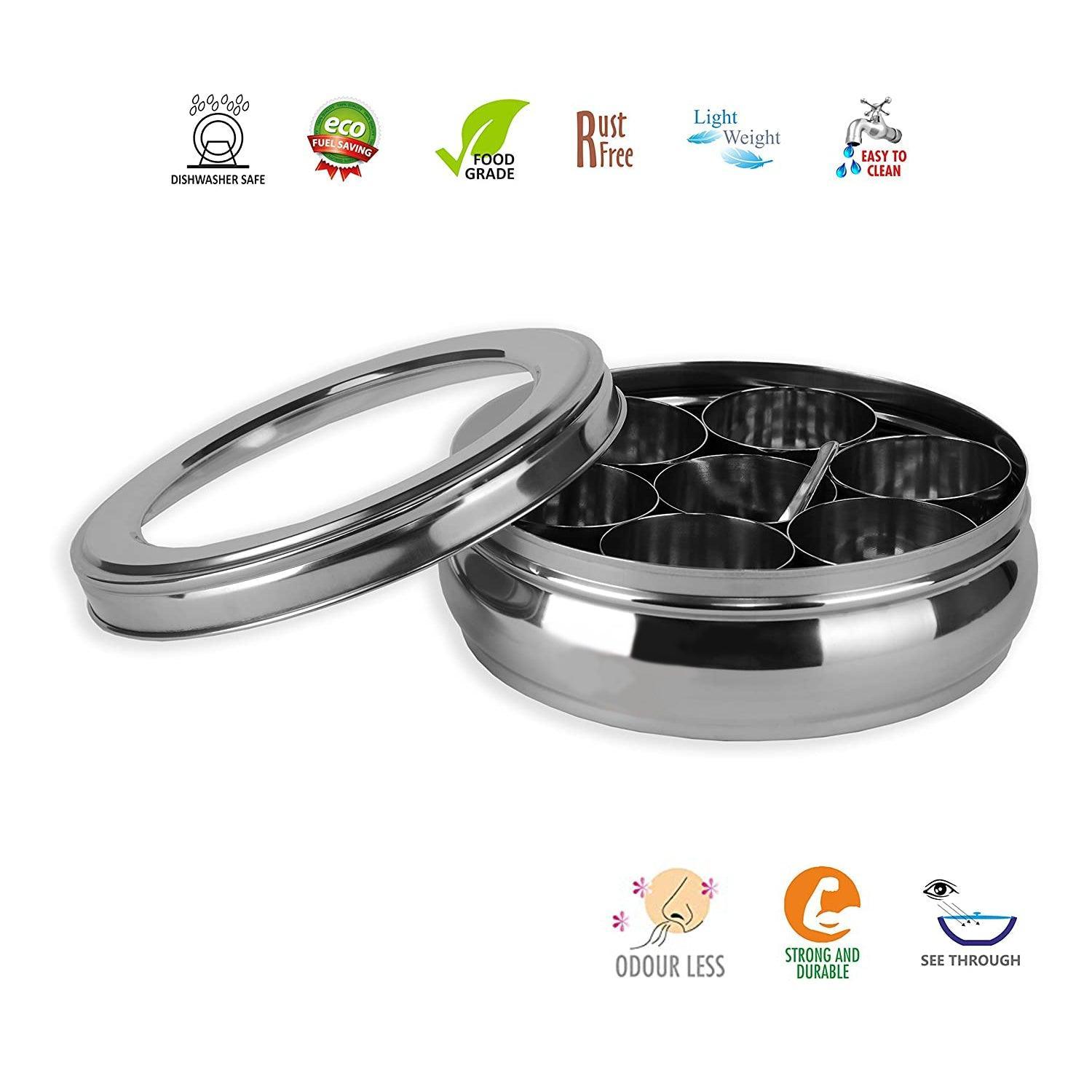 Stainless Steel Belly Shape Spices/Masala Dabba/Box with Lid, 7 Containers and Spoon (1.1 Ltr, Silver) - Walgrow.com