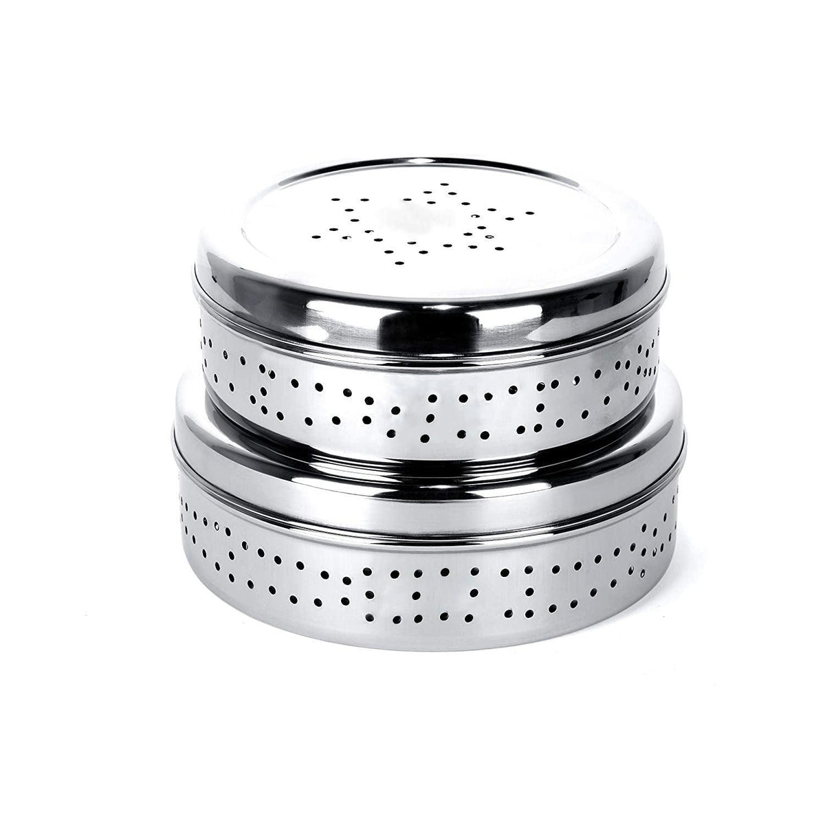 Stainless Steel Hole Puri Flat Dabbas/Canisters with Air Ventilation For Kitchen (Silver, Pack Of 02) - Walgrow.com