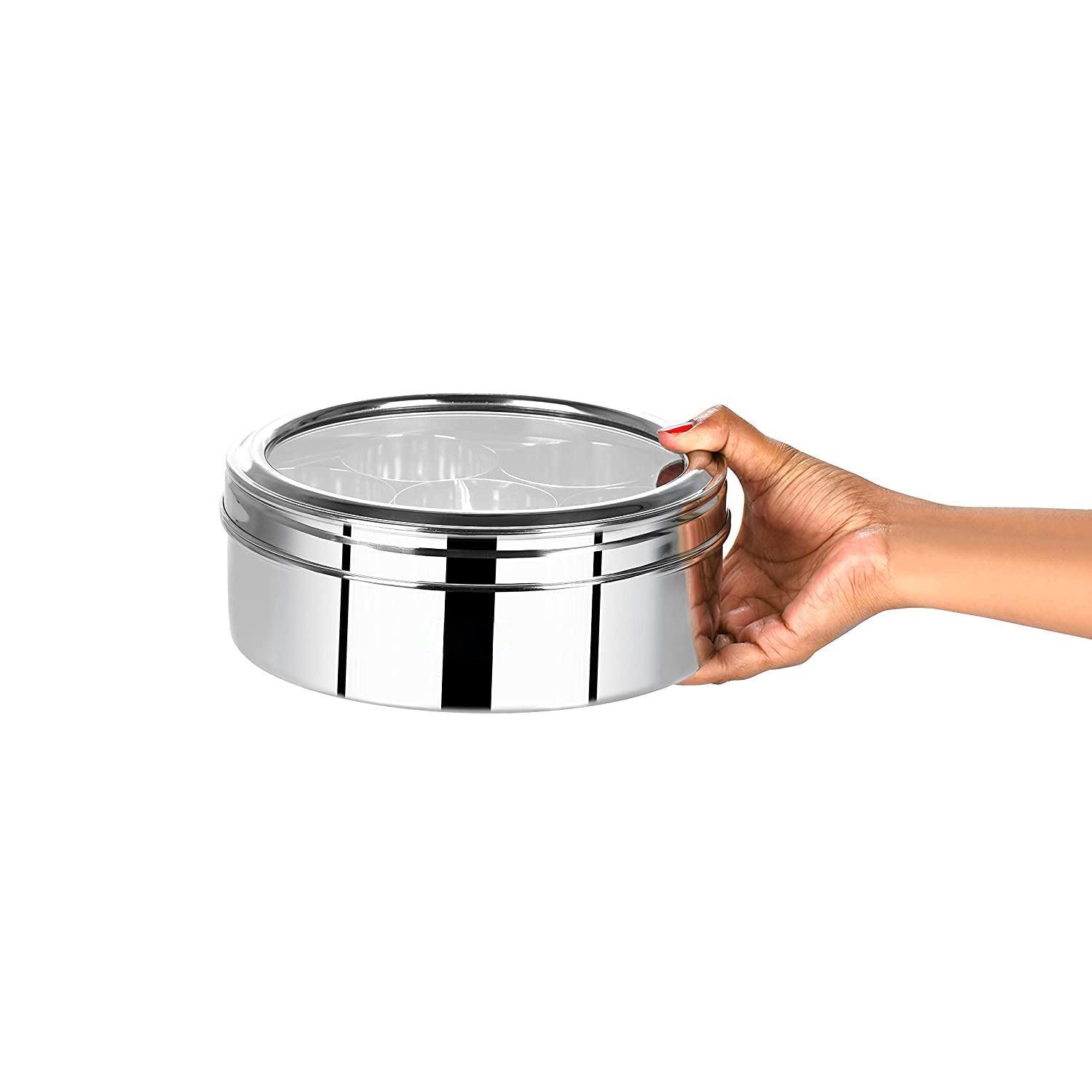 Stainless Steel Round Spices Dabba/Box/Organiser with Lid, 7 Containers & Spoon - Walgrow.com