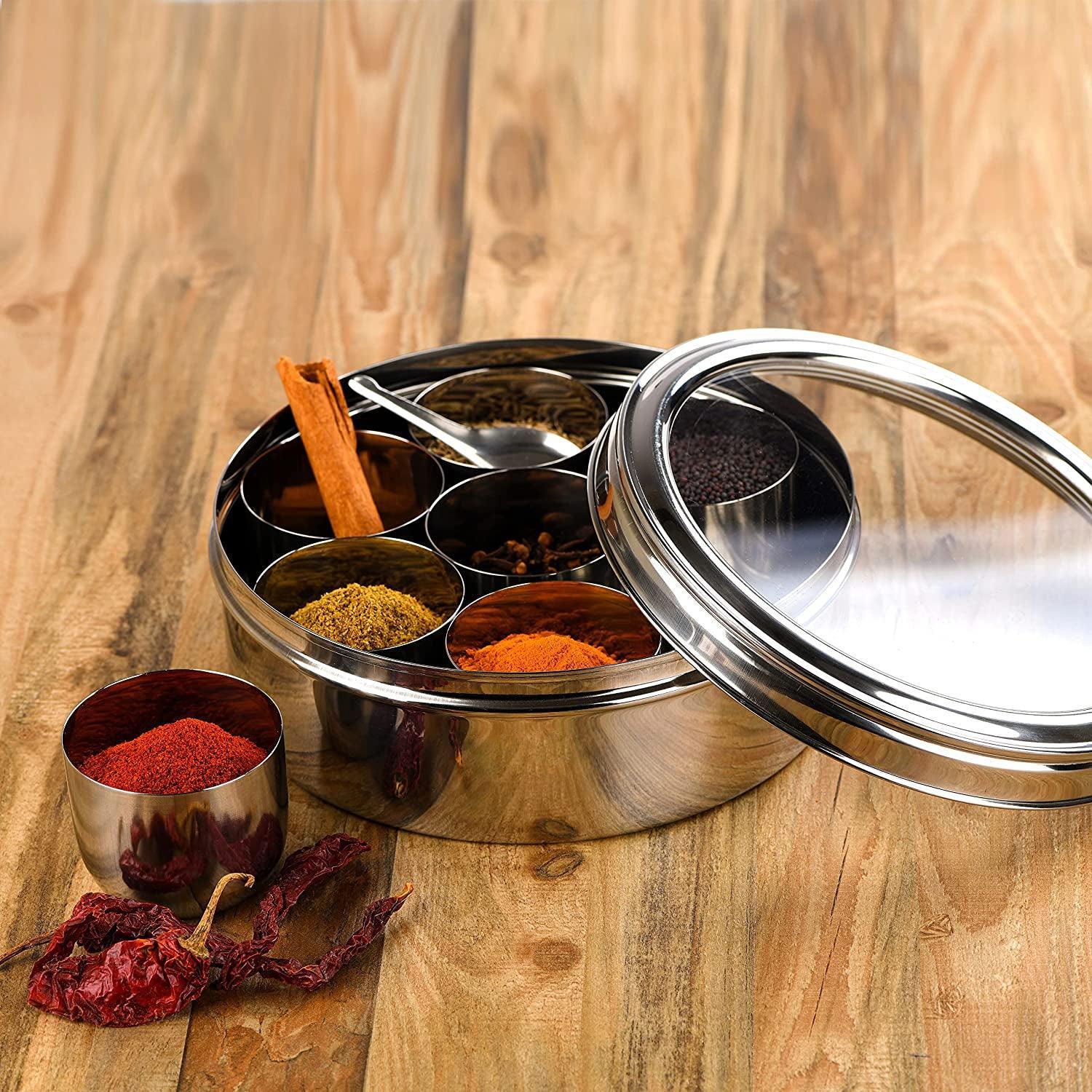 Stainless Steel Round Spices Dabba/Box/Organiser with Lid, 7 Containers & Spoon - Walgrow.com