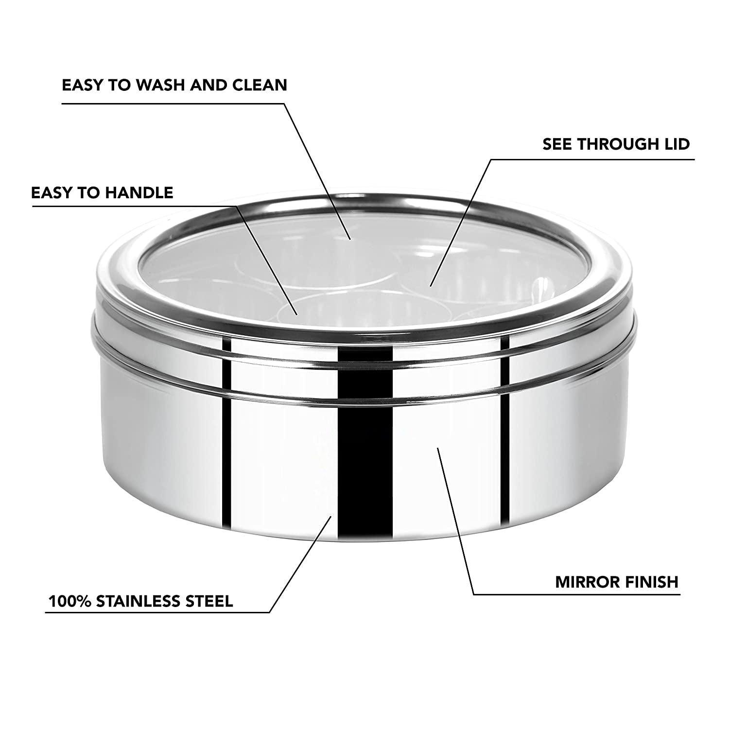 Stainless Steel Round Spices Dabba/Box/Organiser with Lid, 7 Containers & Spoon - Walgrow.com