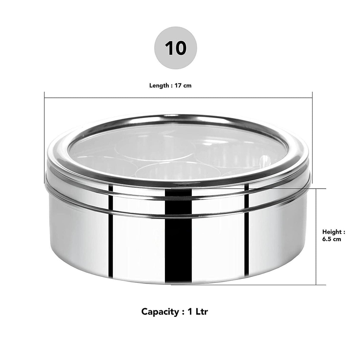 Stainless Steel Round Spices Dabba/Box/Organiser with Lid, 7 Containers & Spoon - Walgrow.com