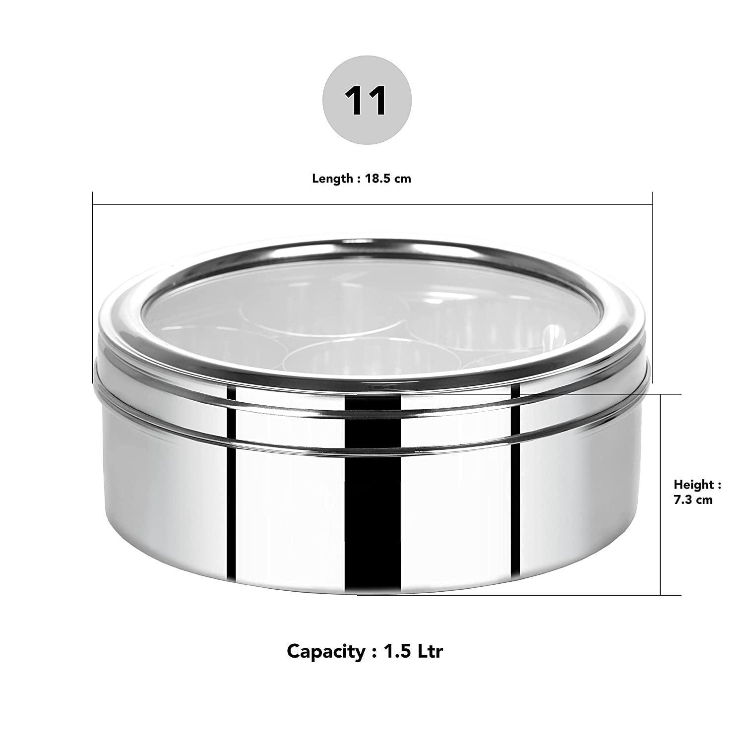 Stainless Steel Round Spices Dabba/Box/Organiser with Lid, 7 Containers & Spoon - Walgrow.com