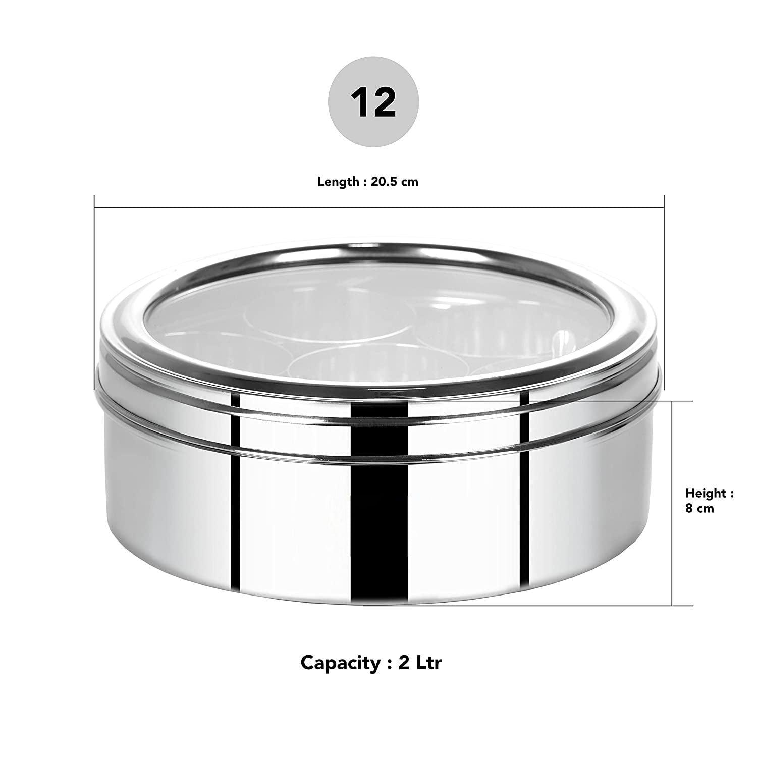 Stainless Steel Round Spices Dabba/Box/Organiser with Lid, 7 Containers & Spoon - Walgrow.com