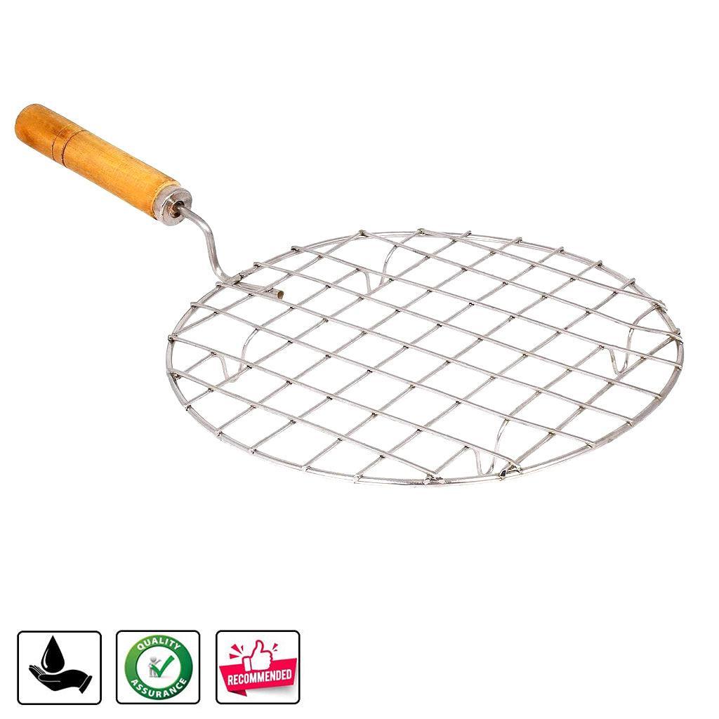 Stainless Steel Round/Circle Roaster Grill Tawa with Wooden Handle For Kitchen - Walgrow.com