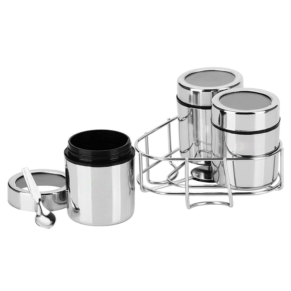 Stainless Steel Spices and Dry Fruit Round Containers with Stand and Spoons - Walgrow.com