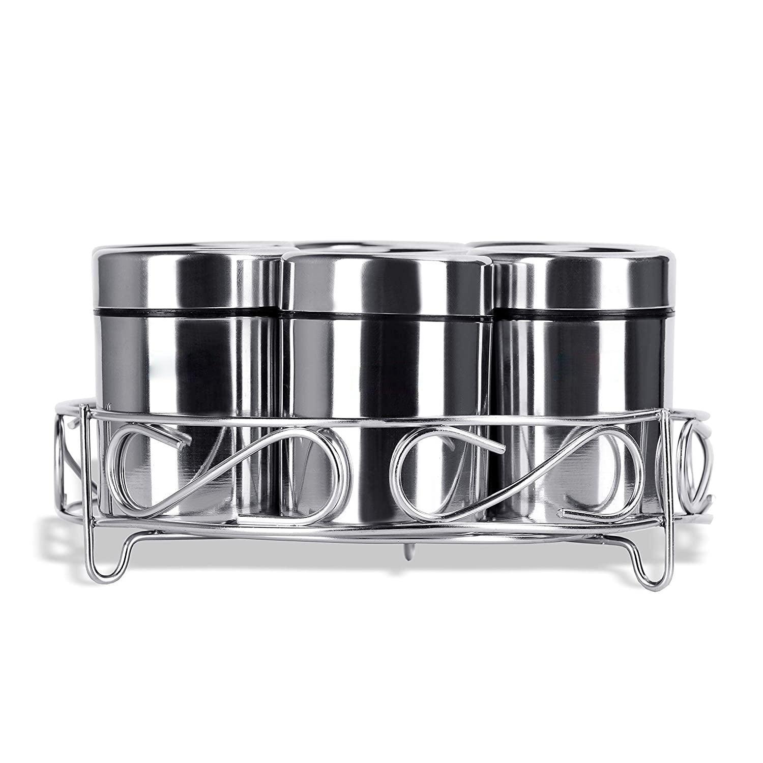 Stainless Steel Spices and Dry Fruit Round Containers with Stand and Spoons - Walgrow.com