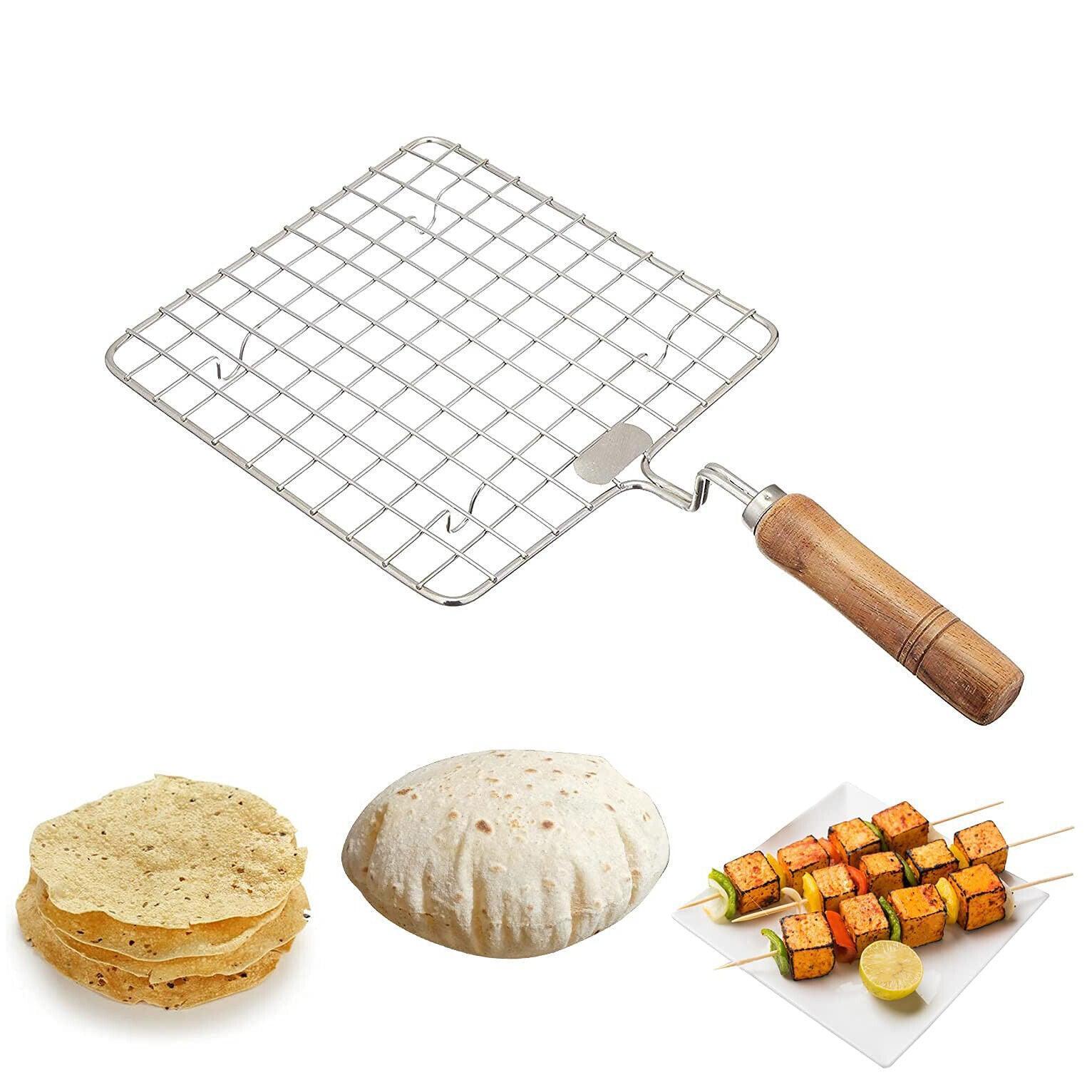 Stainless Steel Square Roaster Grill with Wooden Handle For Kitchen Cooking - Walgrow.com