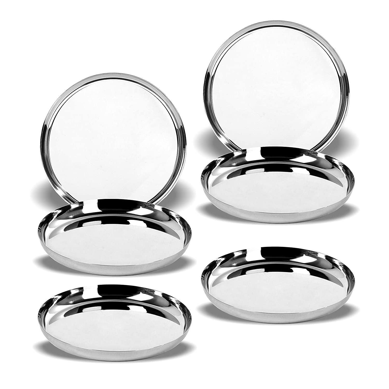 Stainless Steel Unique Heavy Gauge Dinner Plates with High Polish Mirror Finish (27 Cm, Silver) - Walgrow.com