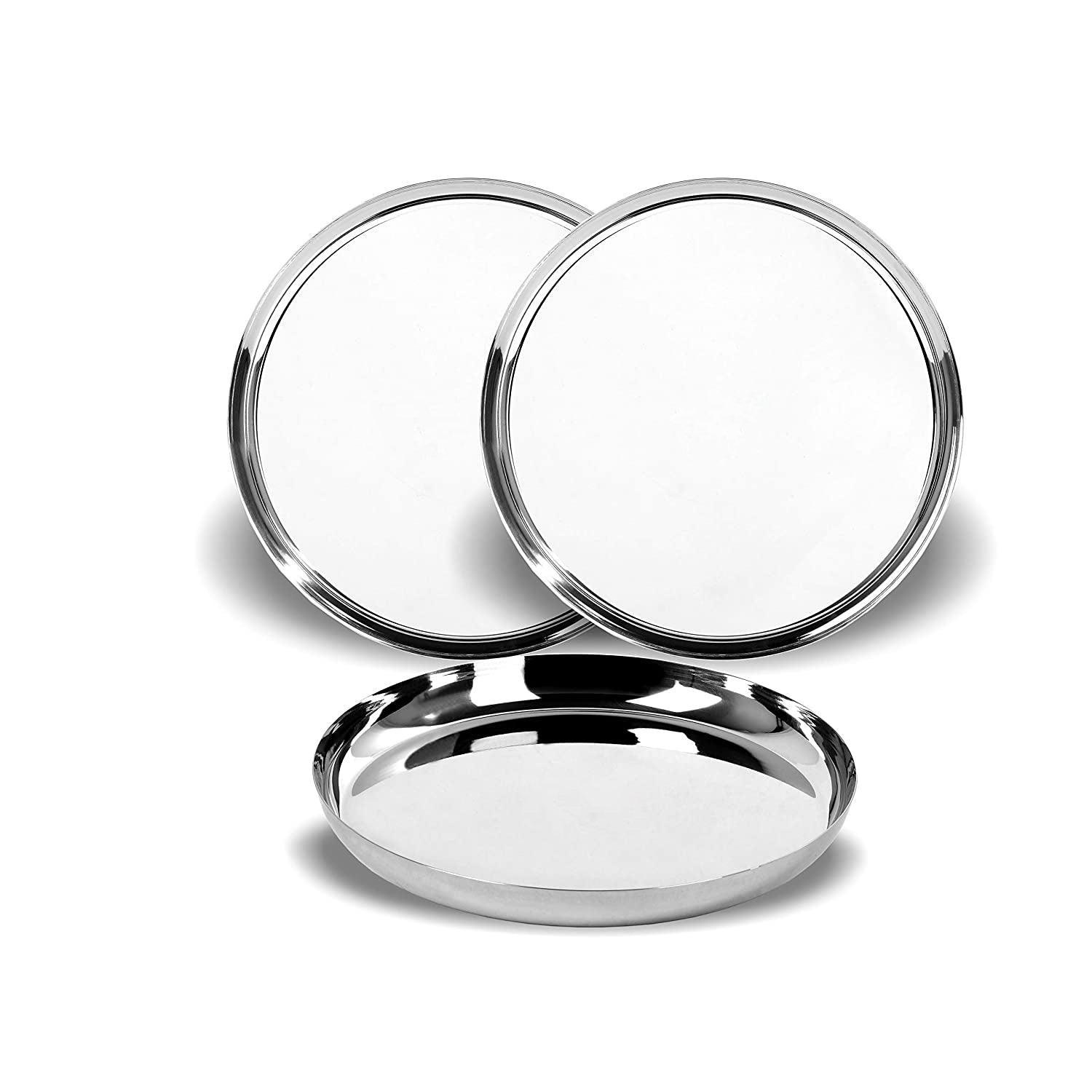 Stainless Steel Unique Heavy Gauge Dinner Plates with High Polish Mirror Finish (27 Cm, Silver) - Walgrow.com