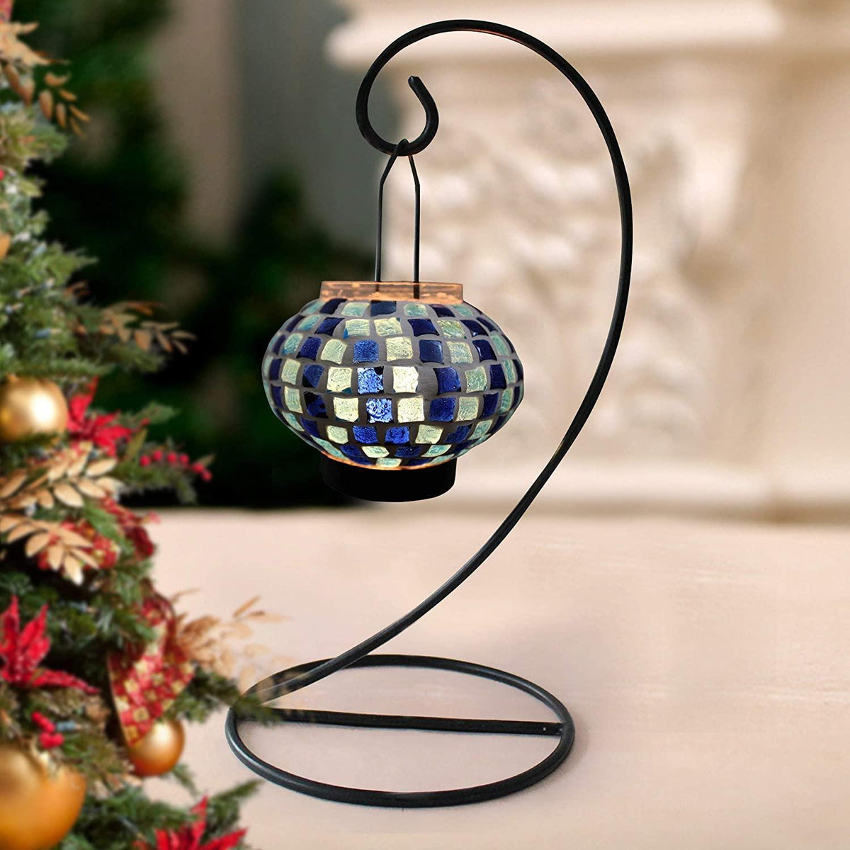 Table Mount Hanging Mosaic Glass Tealight Votive Candle Holder with Metal Frame - Walgrow.com