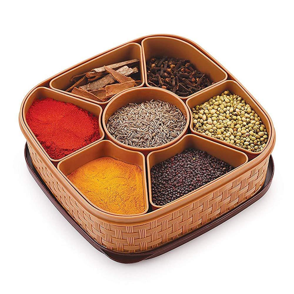 BPA Free Multipurpose Square 7 In 1 Section Plastic Spices/Masala Storage Dabba/Box (Square, Brown) - Walgrow.com