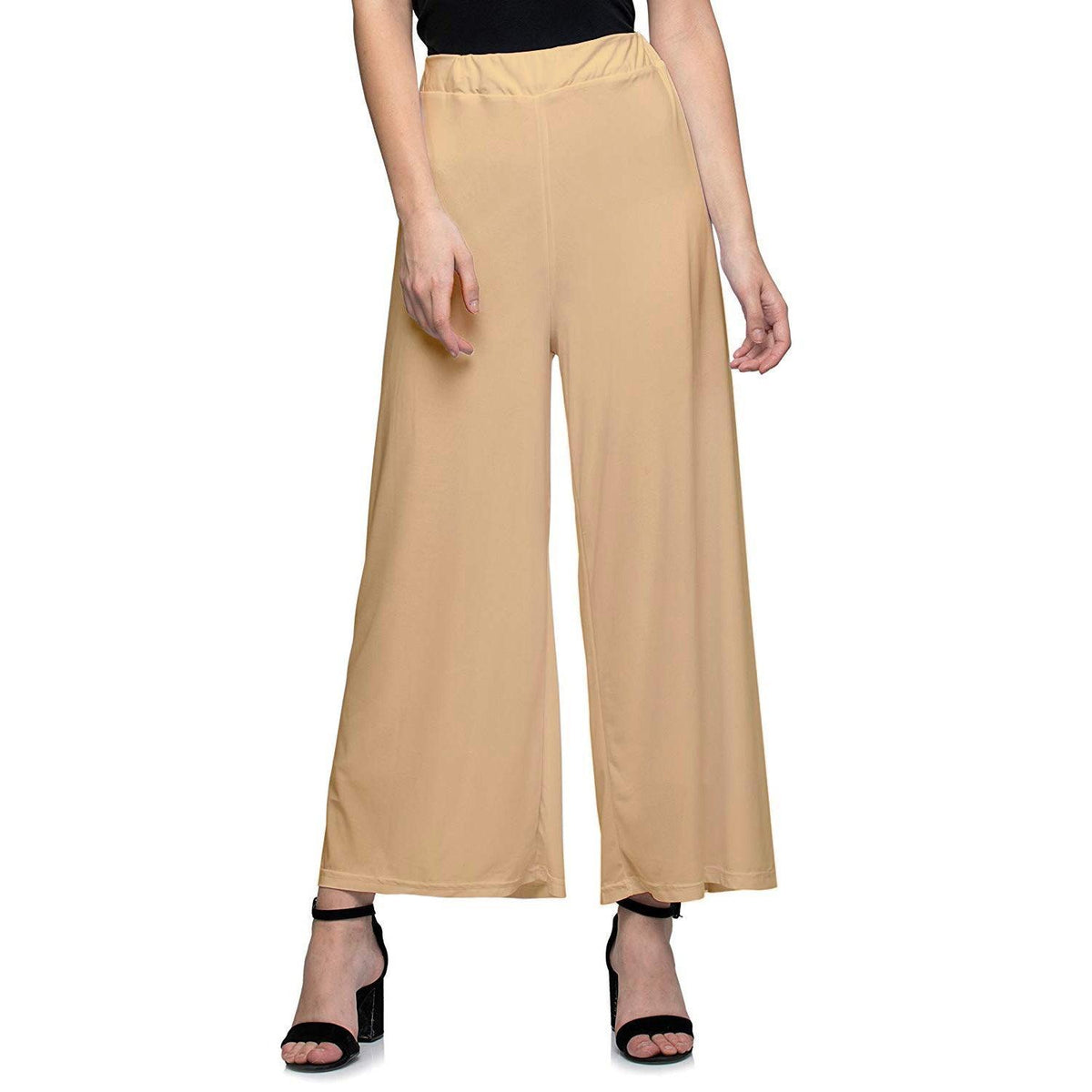 Women's Casual Wide Leg Solid Color Mid Rise Loose Fit Palazzo Pants (One Size, Beige) - Walgrow.com